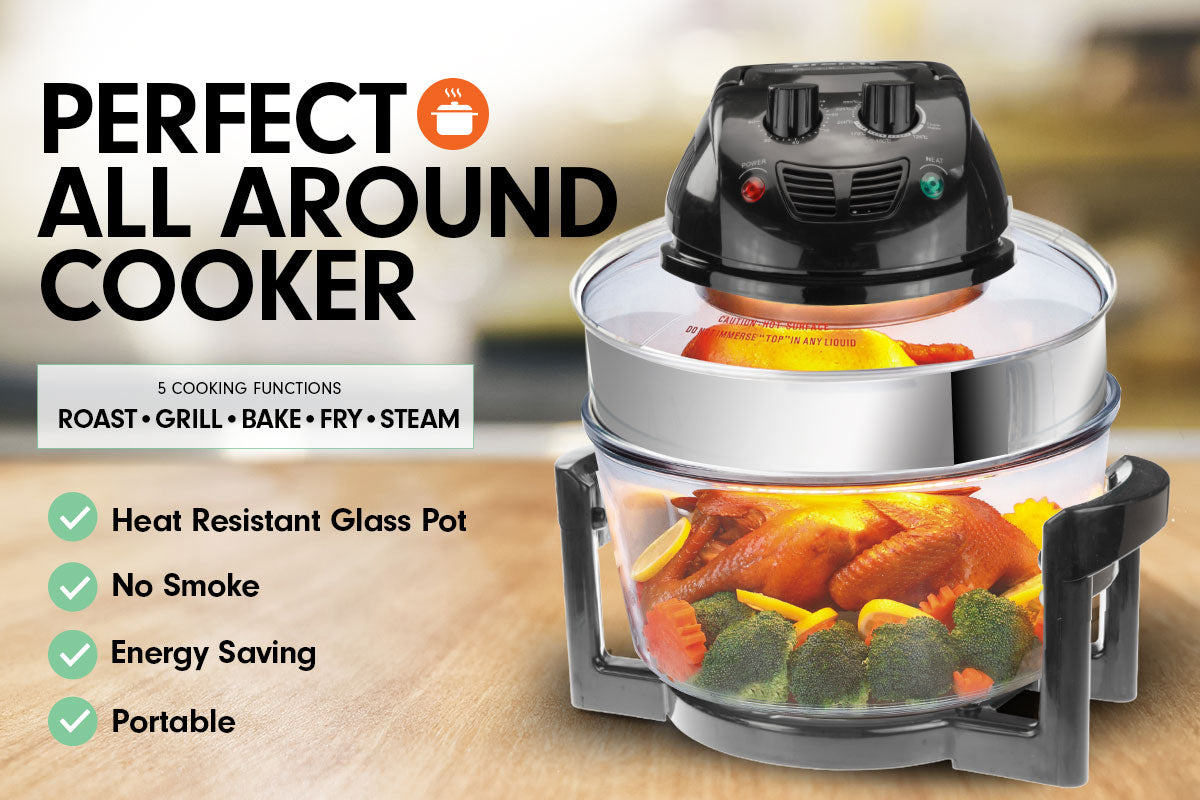 Pronti 17L Family Turbo Convection Oven Broiler Cooker in black with stainless steel extender ring and various cooking accessories.