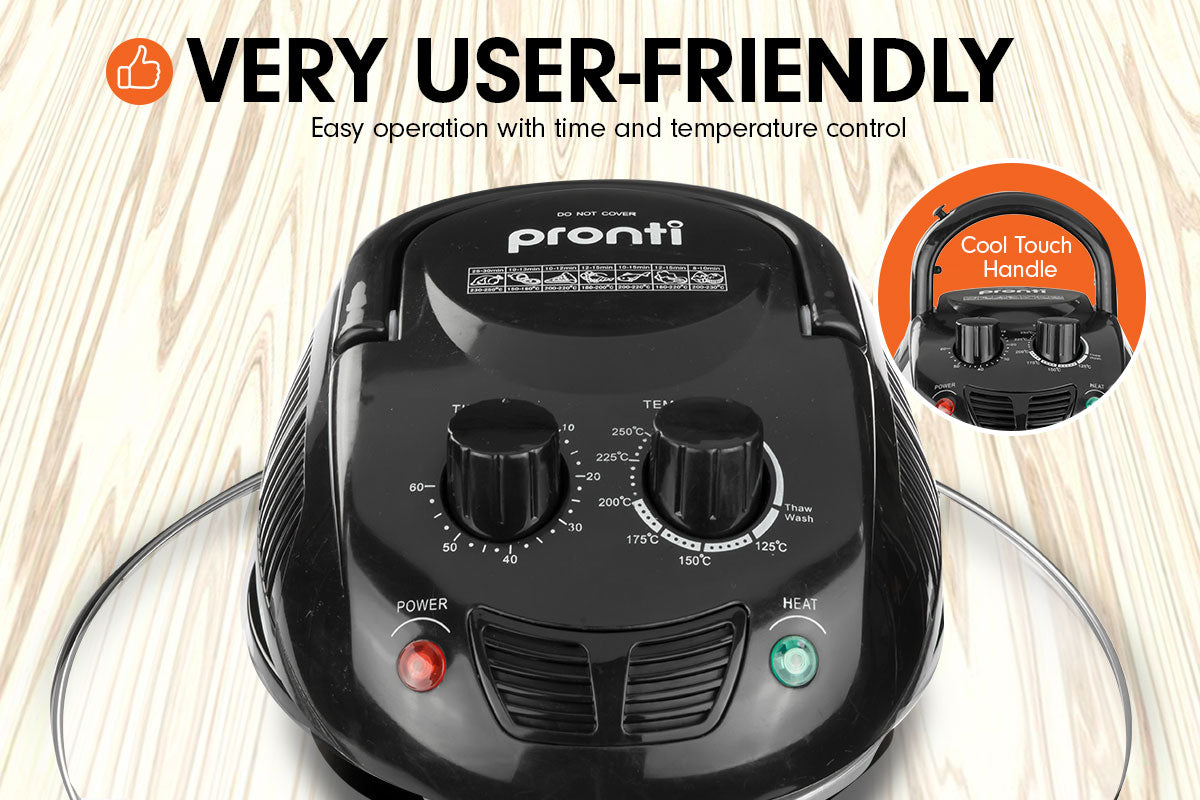 Pronti 17L Family Turbo Convection Oven Broiler Cooker in black with stainless steel extender ring and various cooking accessories.