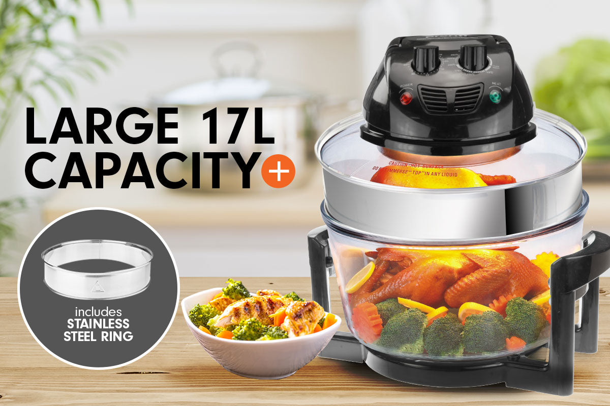 Pronti 17L Family Turbo Convection Oven Broiler Cooker in black with stainless steel extender ring and various cooking accessories.