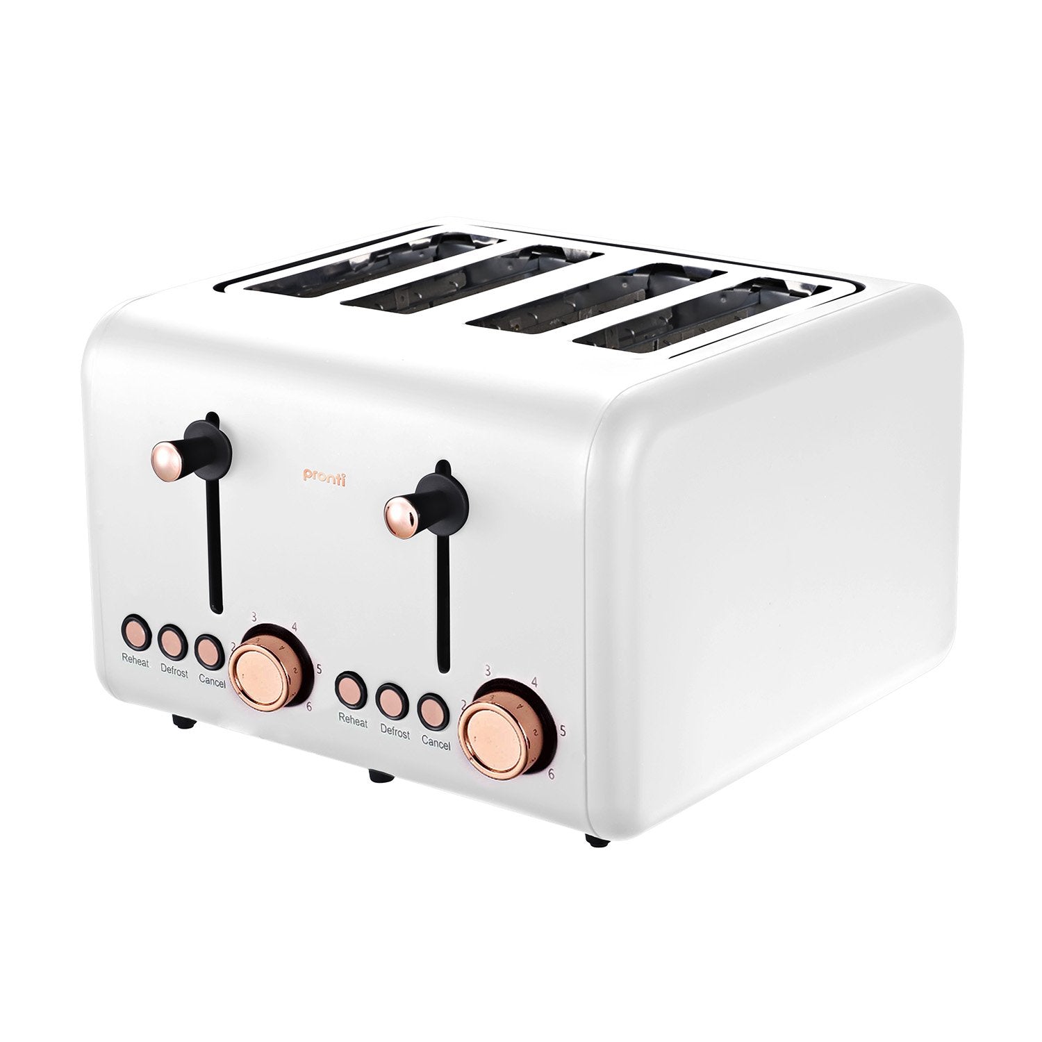 Pronti 4 Slice Toaster in white with rose gold trim, showcasing its sleek design and independent levers.