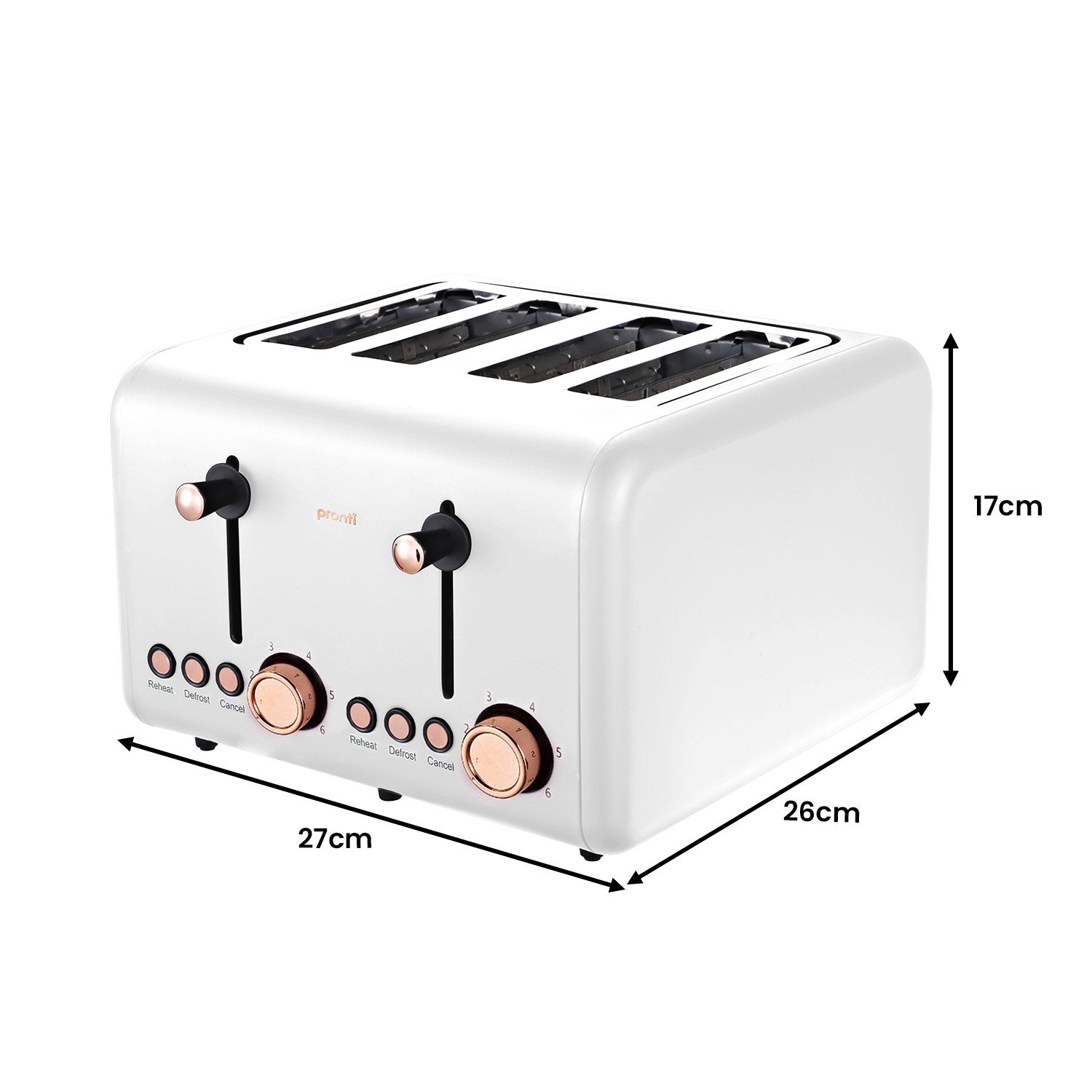 Pronti 4 Slice Toaster in white with rose gold trim, showcasing its sleek design and independent levers.