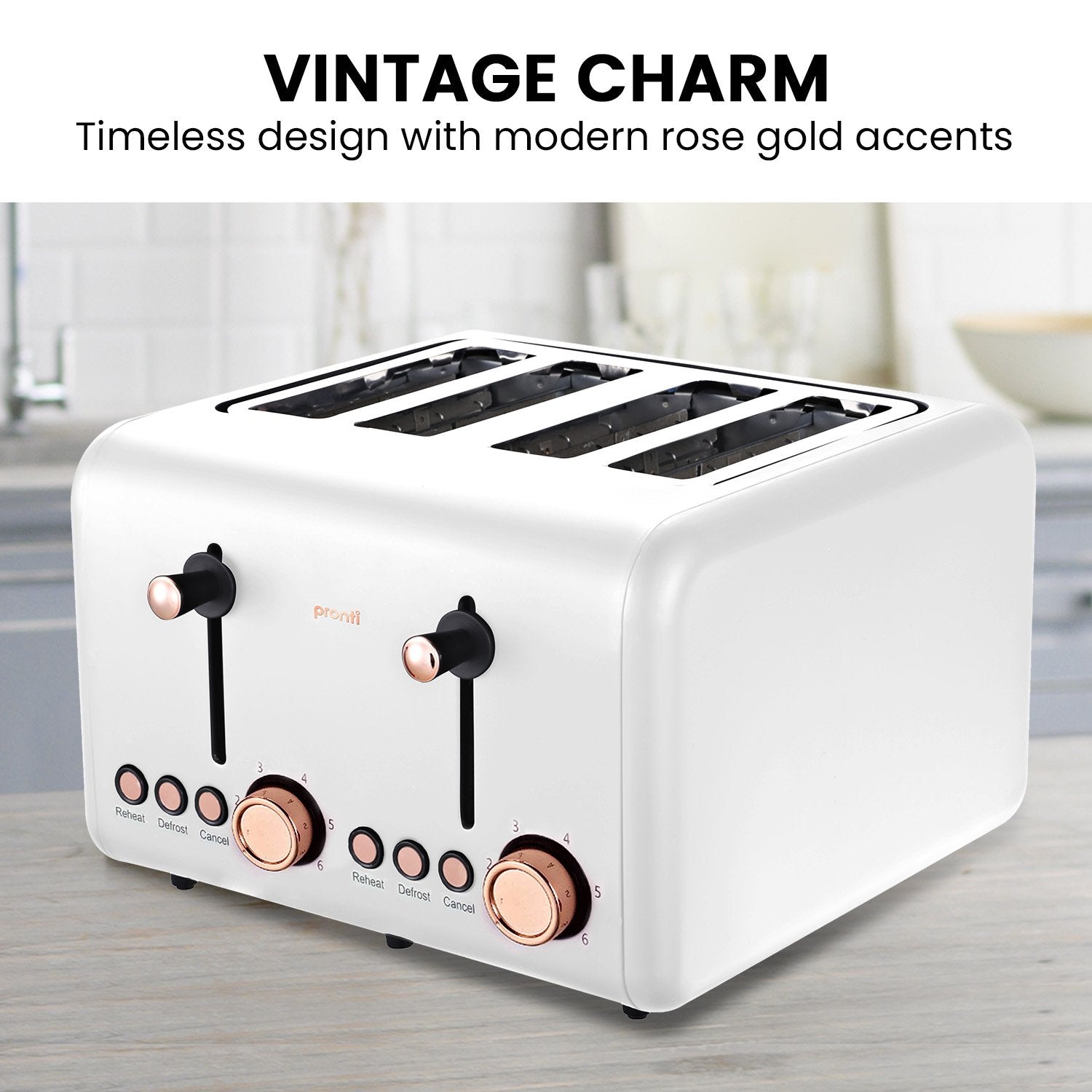Pronti 4 Slice Toaster in white with rose gold trim, showcasing its sleek design and independent levers.