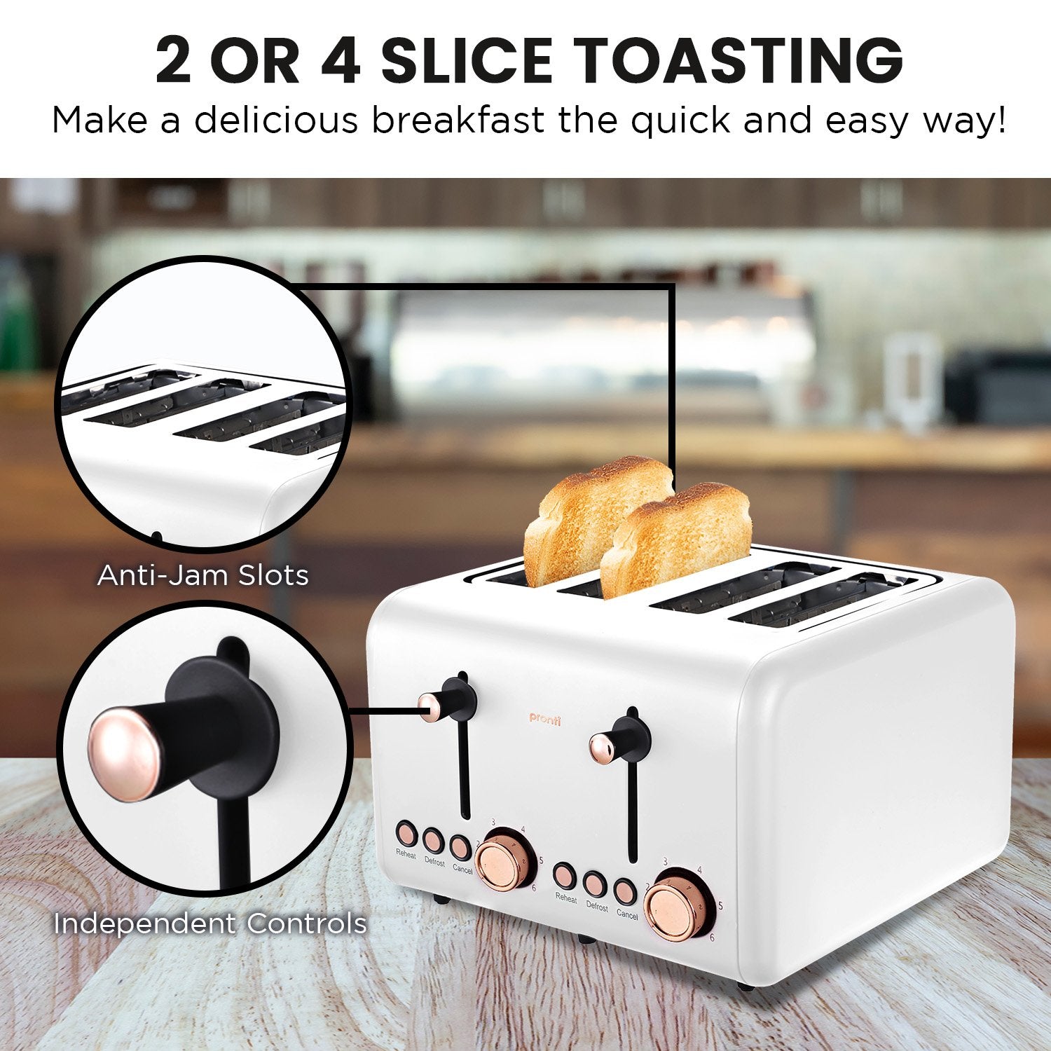 Pronti 4 Slice Toaster in white with rose gold trim, showcasing its sleek design and independent levers.