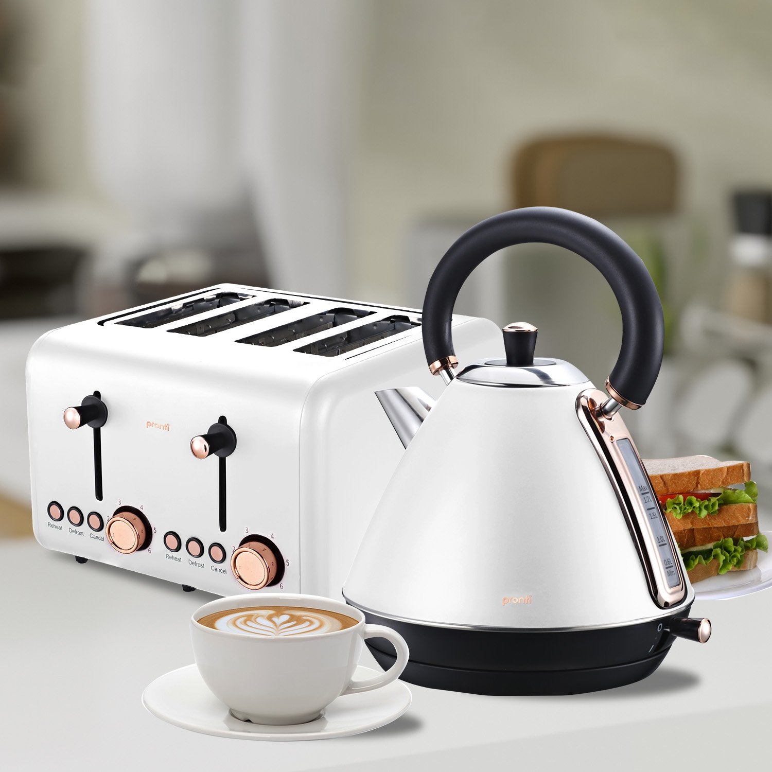 Pronti 4 Slice Toaster in white with rose gold trim, showcasing its sleek design and independent levers.
