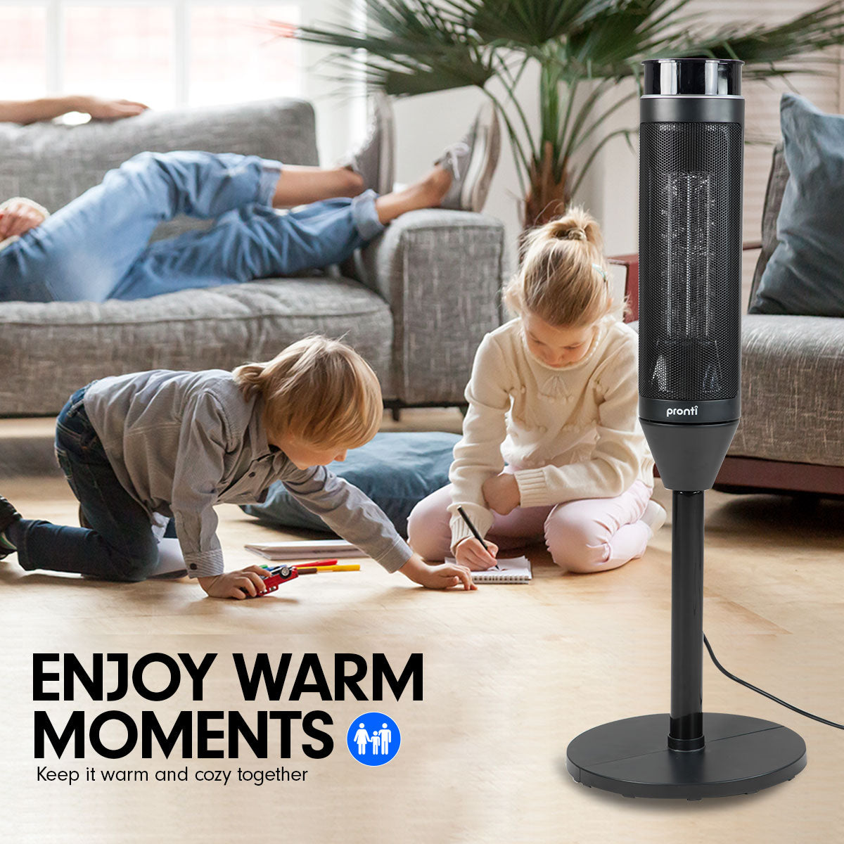 Pronti Electric Tower Heater in black, featuring a sleek design, remote control, and adjustable thermostat for efficient heating.