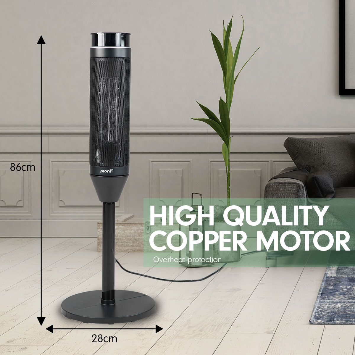 Pronti Electric Tower Heater in black, featuring a sleek design, remote control, and adjustable thermostat for efficient heating.