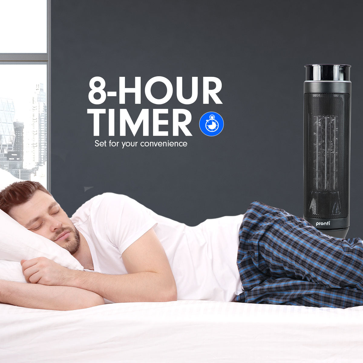 Pronti Electric Tower Heater in black, featuring a sleek design, remote control, and adjustable thermostat for efficient heating.