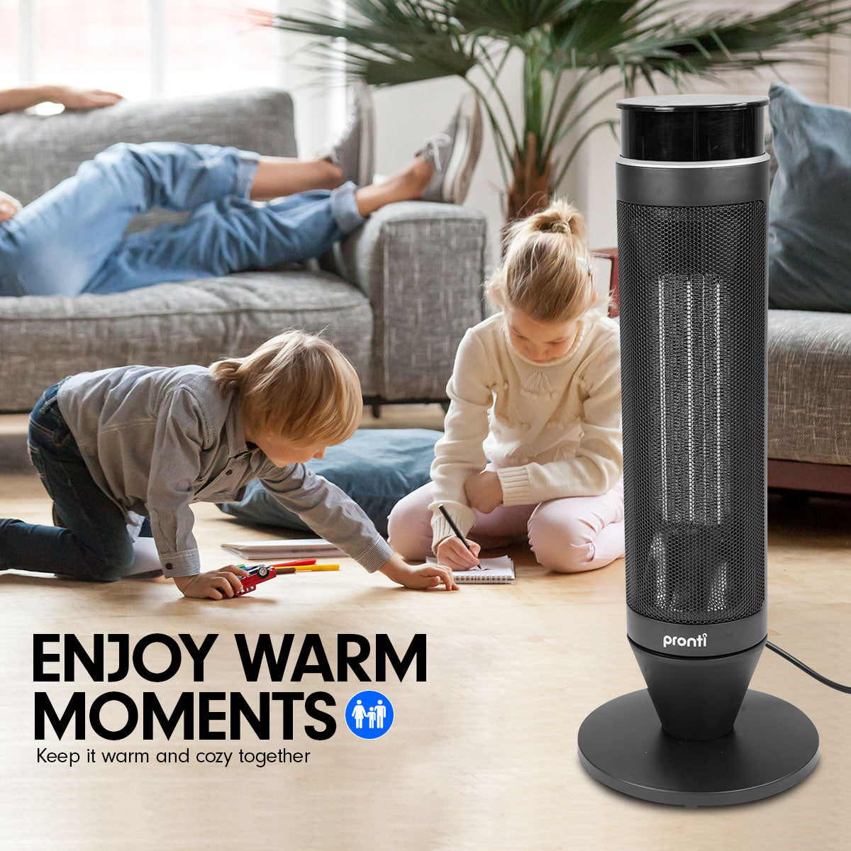 Pronti Electric Tower Heater 2000W in black, featuring a sleek design and remote control for easy temperature adjustments.