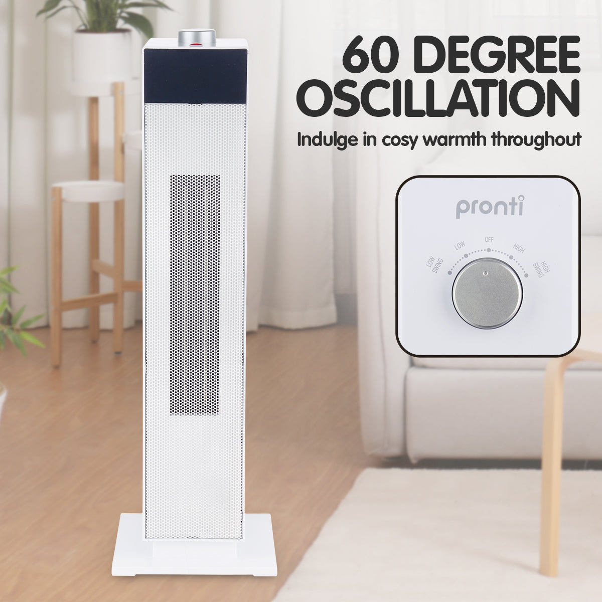 Pronti Electric Tower Heater in white, featuring a sleek design and control dial, ideal for efficient heating in any room.