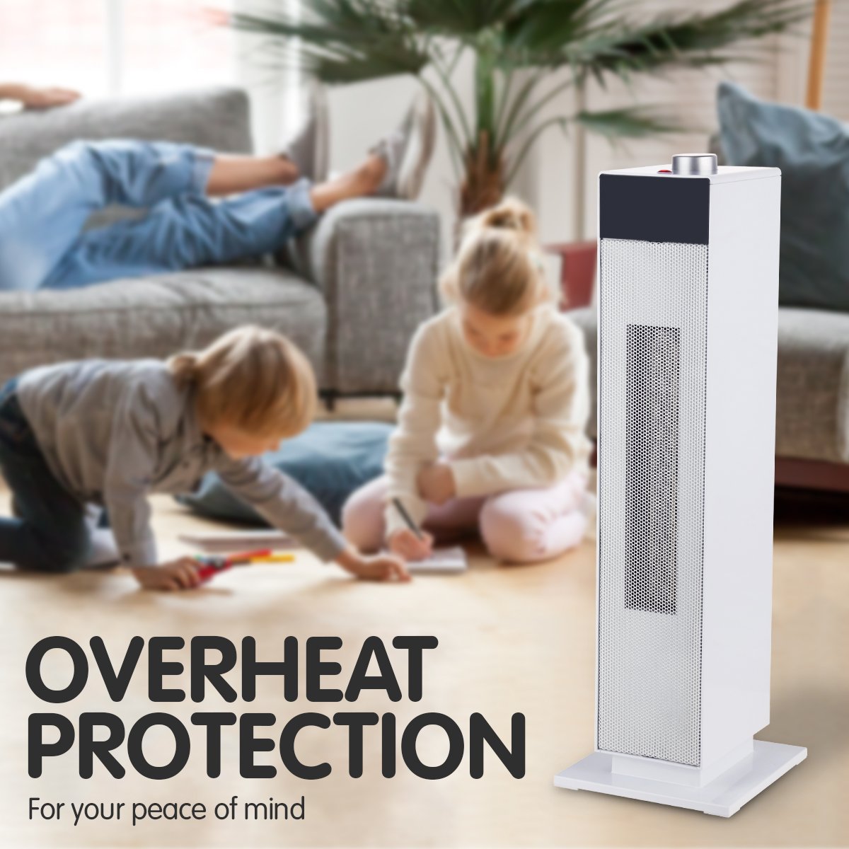 Pronti Electric Tower Heater in white, featuring a sleek design and control dial, ideal for efficient heating in any room.