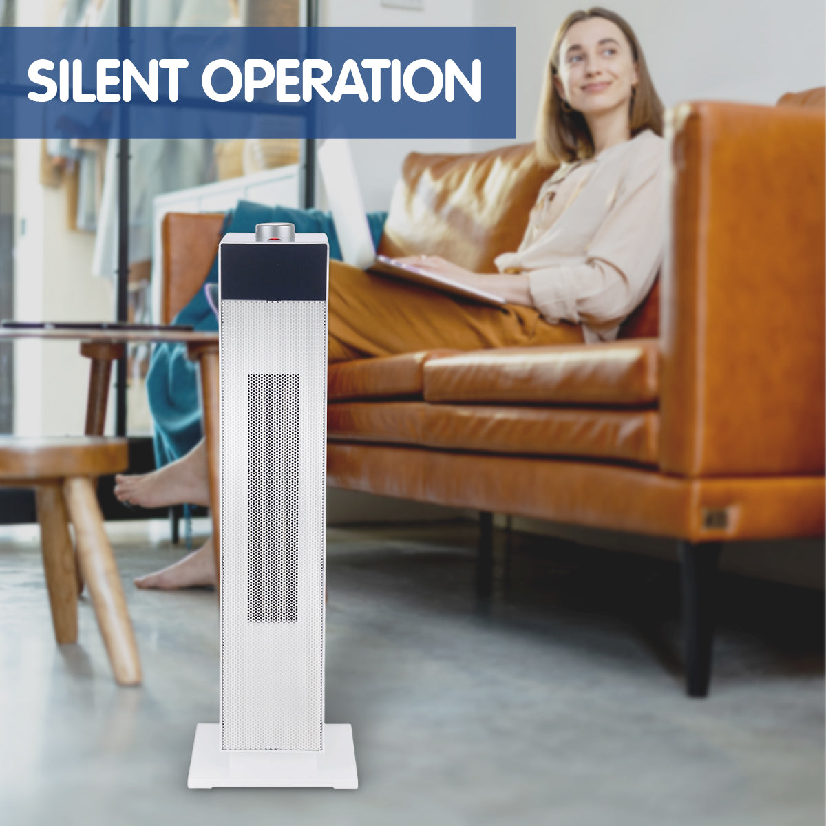 Pronti Electric Tower Heater in white, featuring a sleek design and control dial, ideal for efficient heating in any room.