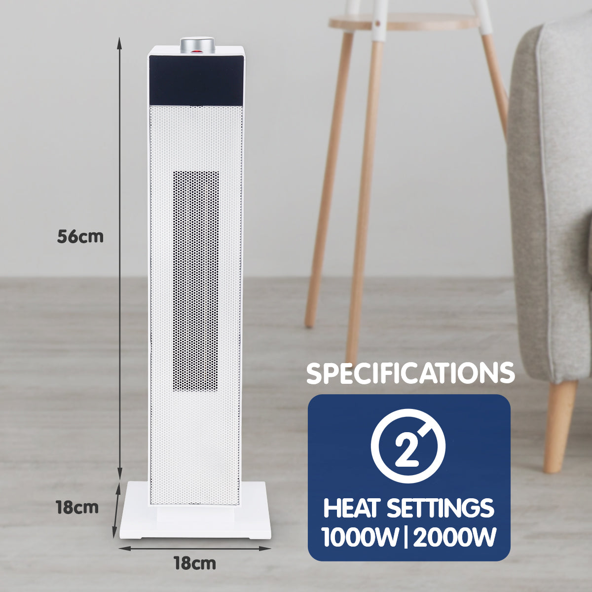 Pronti Electric Tower Heater in white, featuring a sleek design and control dial, ideal for efficient heating in any room.