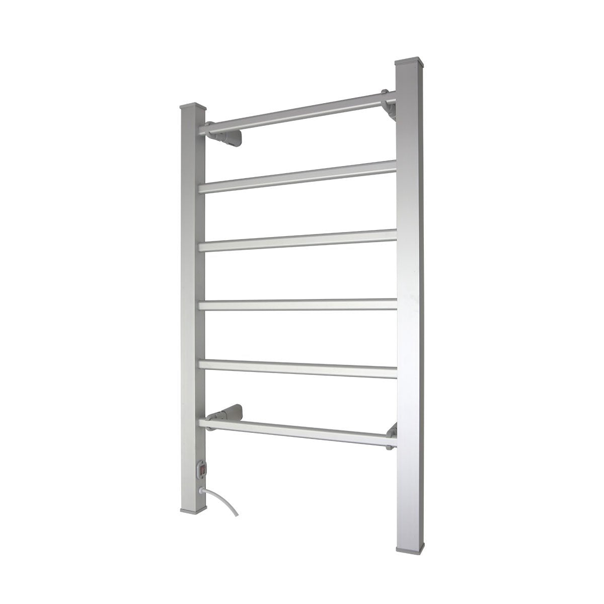 Pronti Heated Towel Rack in sleek silver finish, showcasing 6 heated rails for warming towels, mounted on a bathroom wall.