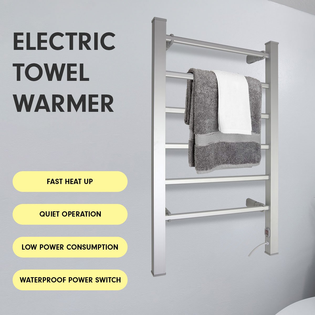 Pronti Heated Towel Rack in sleek silver finish, showcasing 6 heated rails for warming towels, mounted on a bathroom wall.