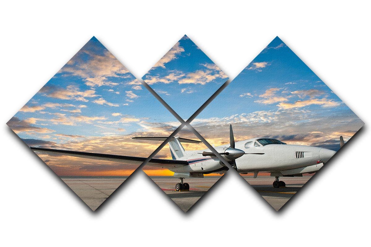 A 4-square multi-panel canvas artwork featuring a propeller plane parked at an airport, showcasing vibrant colors and intricate details.