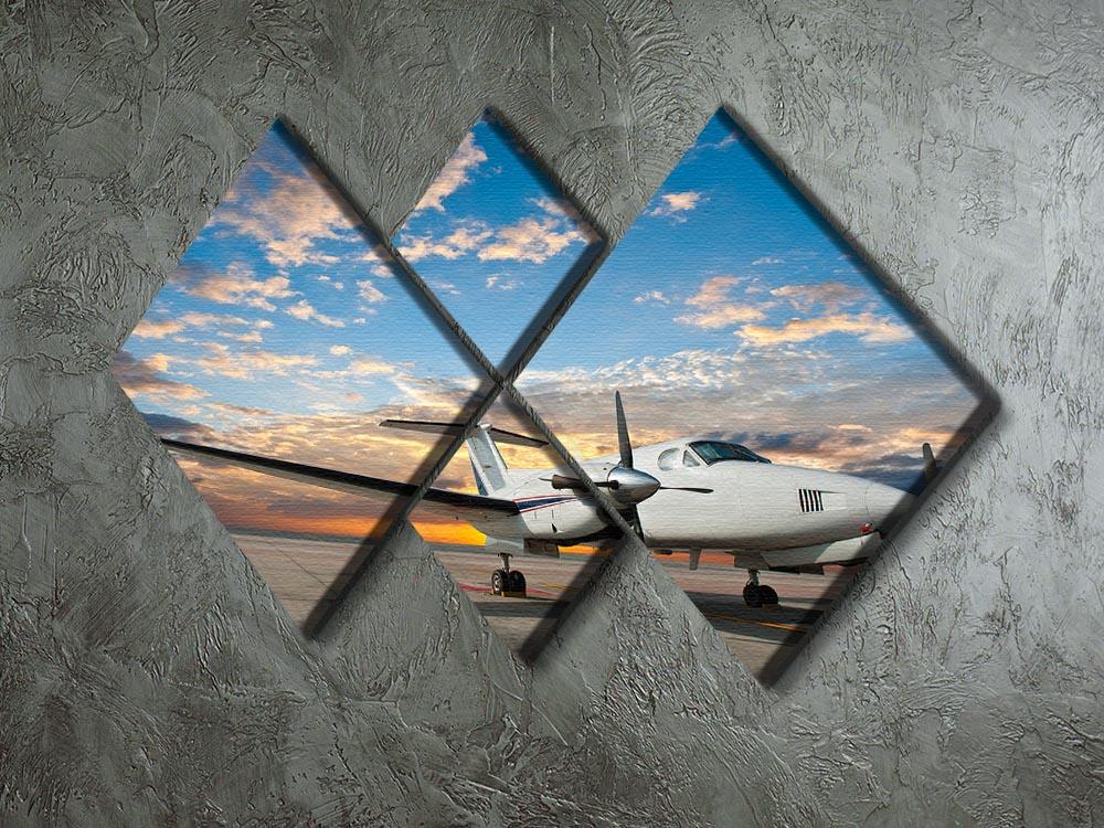A 4-square multi-panel canvas artwork featuring a propeller plane parked at an airport, showcasing vibrant colors and intricate details.