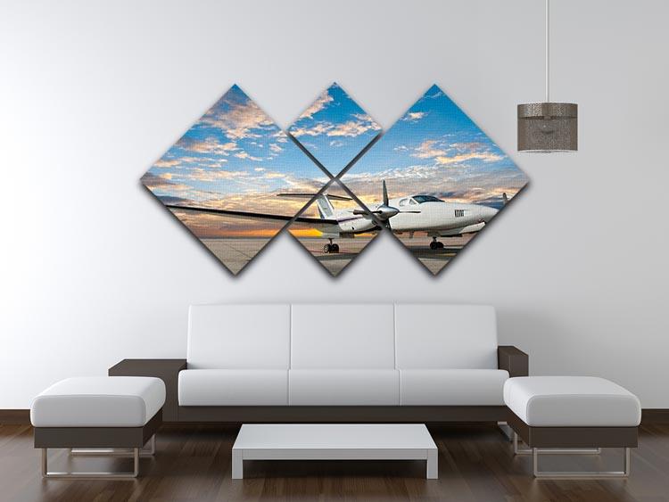 A 4-square multi-panel canvas artwork featuring a propeller plane parked at an airport, showcasing vibrant colors and intricate details.