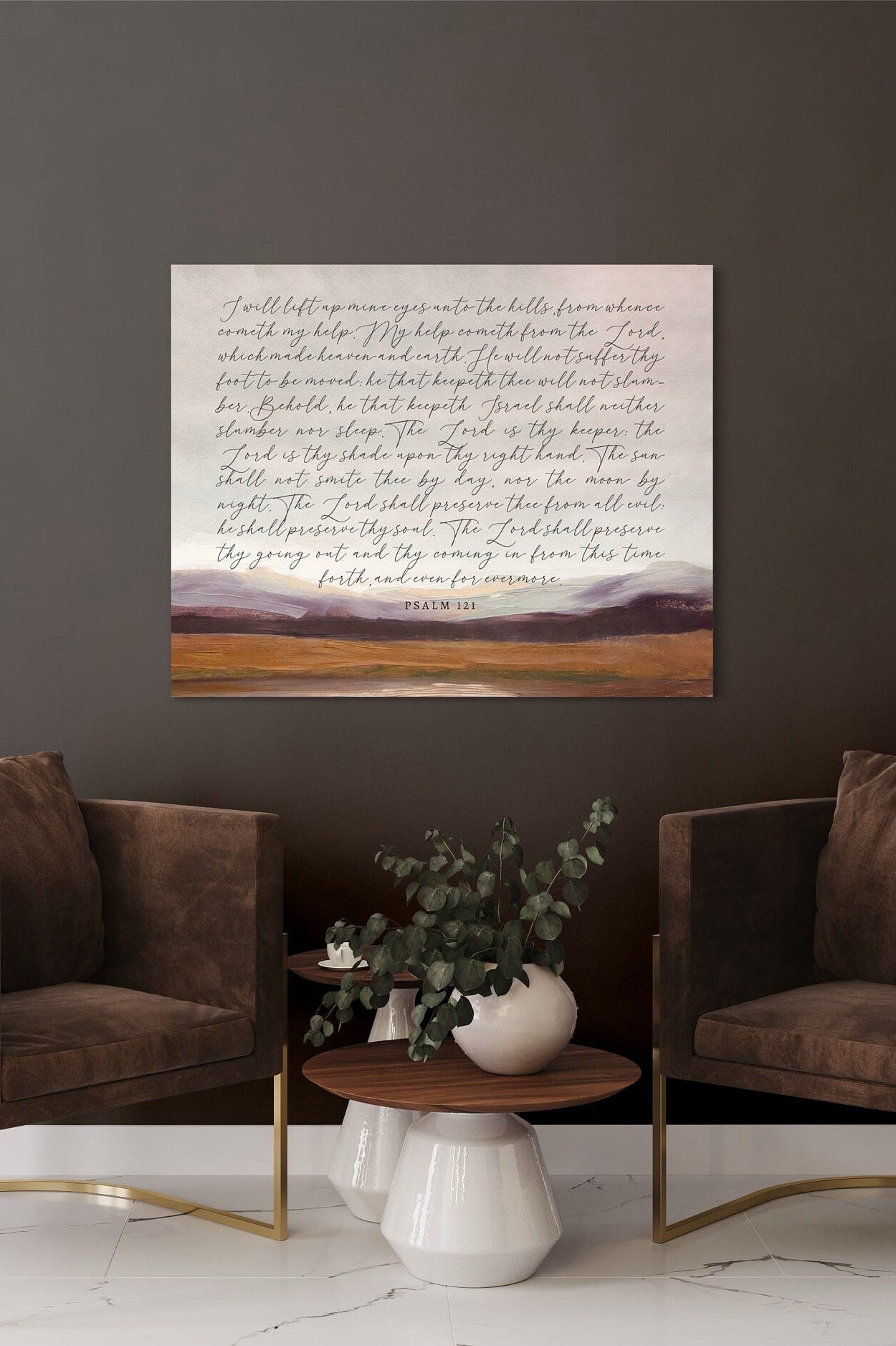 Vintage canvas wall art featuring Psalm 121 text, beautifully designed with elegant brushwork and available in multiple sizes and frame colors.