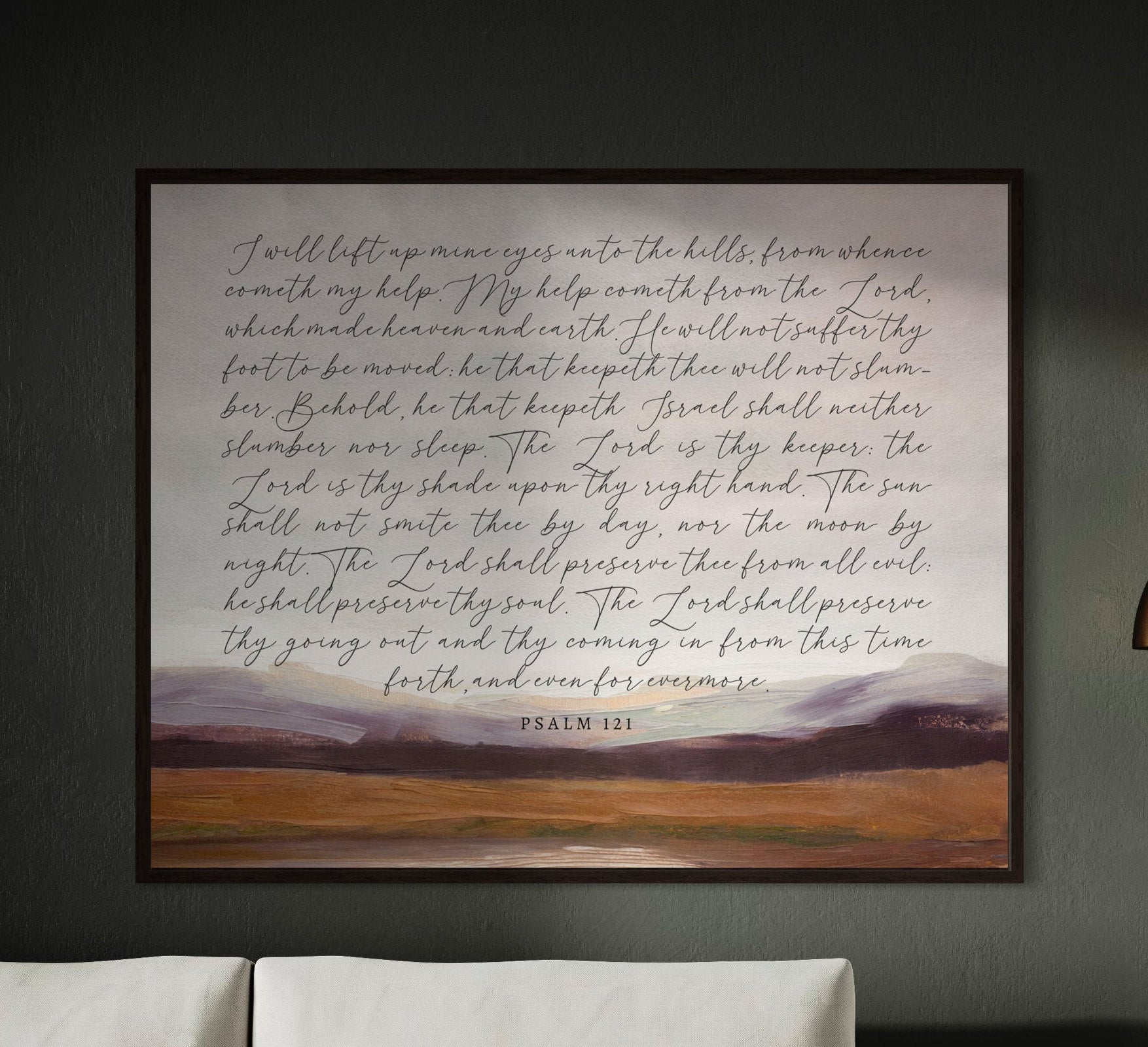 Vintage canvas wall art featuring Psalm 121 text, beautifully designed with elegant brushwork and available in multiple sizes and frame colors.