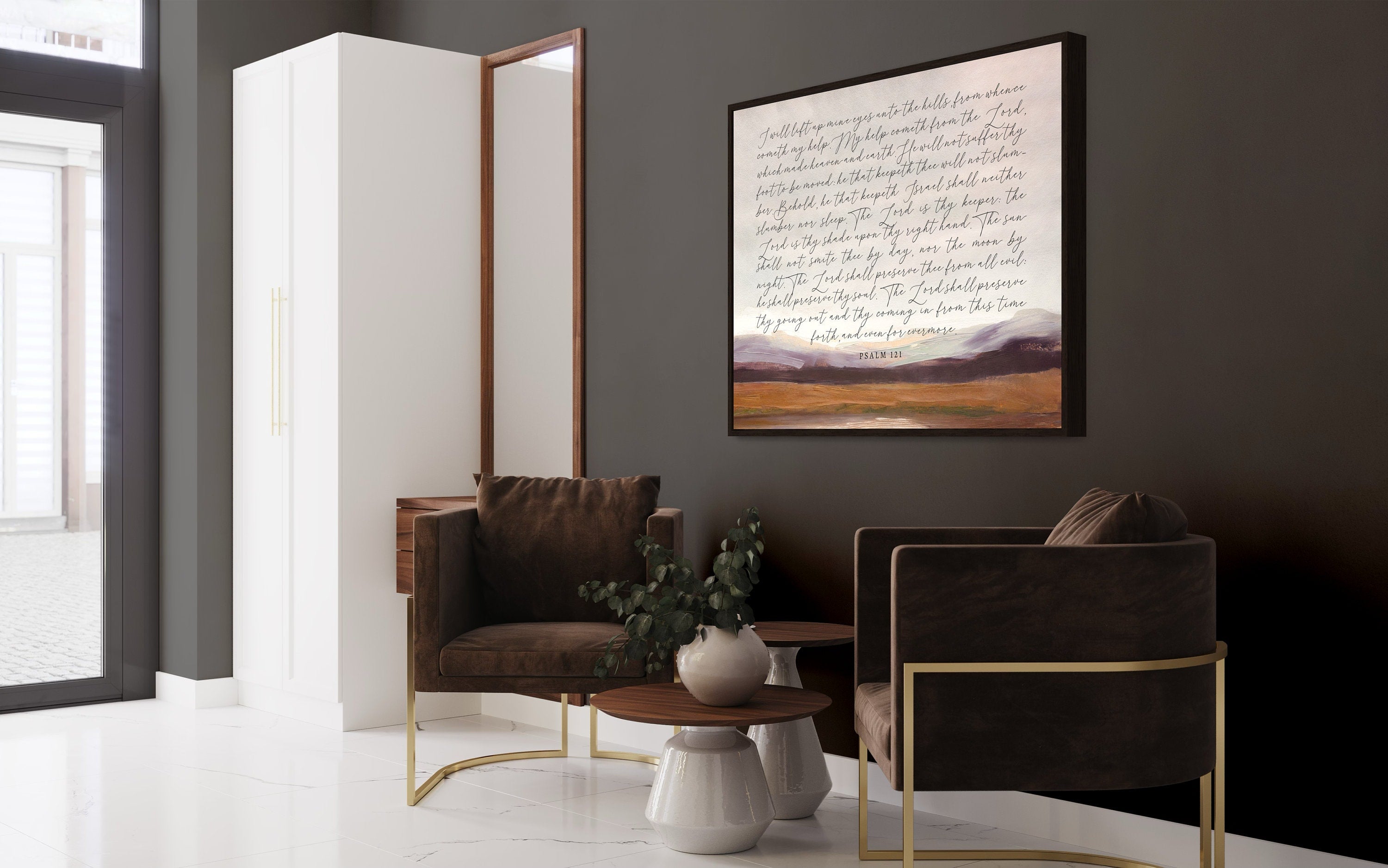 Vintage canvas wall art featuring Psalm 121 text, beautifully designed with elegant brushwork and available in multiple sizes and frame colors.