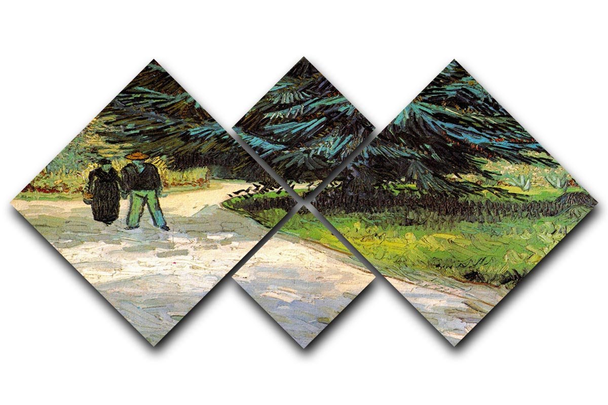 Artwork titled 'The Poet's Garden III' featuring a couple in a garden with a blue fir tree, displayed in a 4-square canvas format.