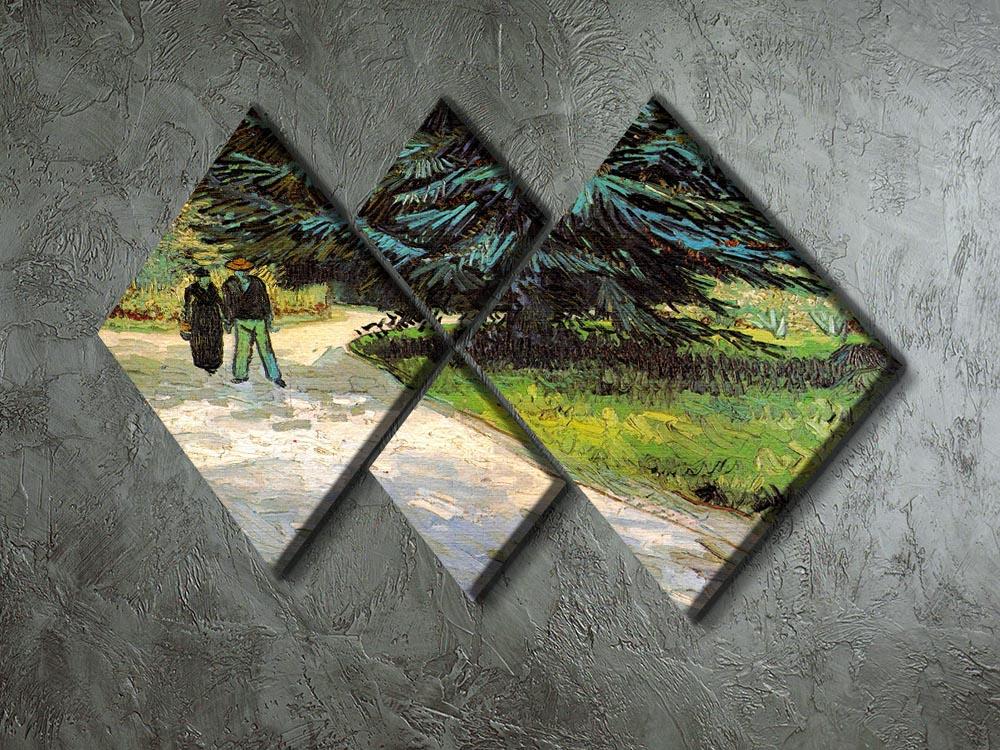 Artwork titled 'The Poet's Garden III' featuring a couple in a garden with a blue fir tree, displayed in a 4-square canvas format.