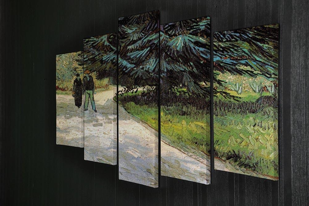 A beautiful 5-split canvas artwork depicting a couple in a public garden with a blue fir tree, showcasing vibrant colors and serene imagery.