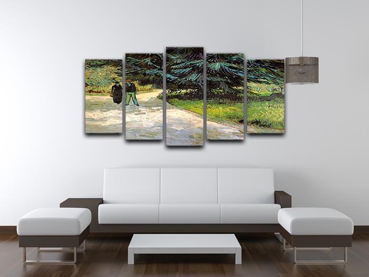 A beautiful 5-split canvas artwork depicting a couple in a public garden with a blue fir tree, showcasing vibrant colors and serene imagery.