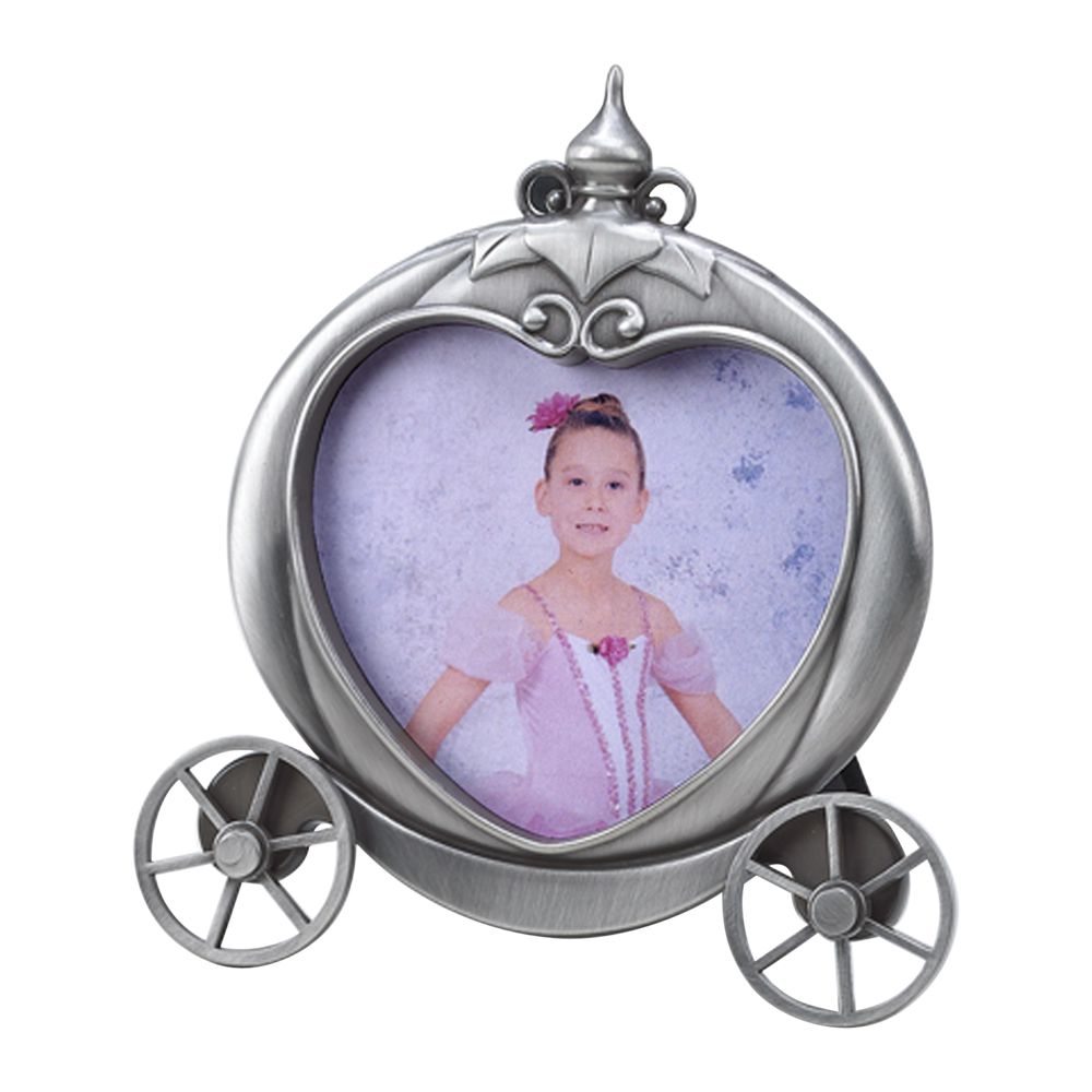 A whimsical pumpkin coach photo frame designed for 3.5" x 3.5" photos, featuring rolling wheels and a brushed finish.
