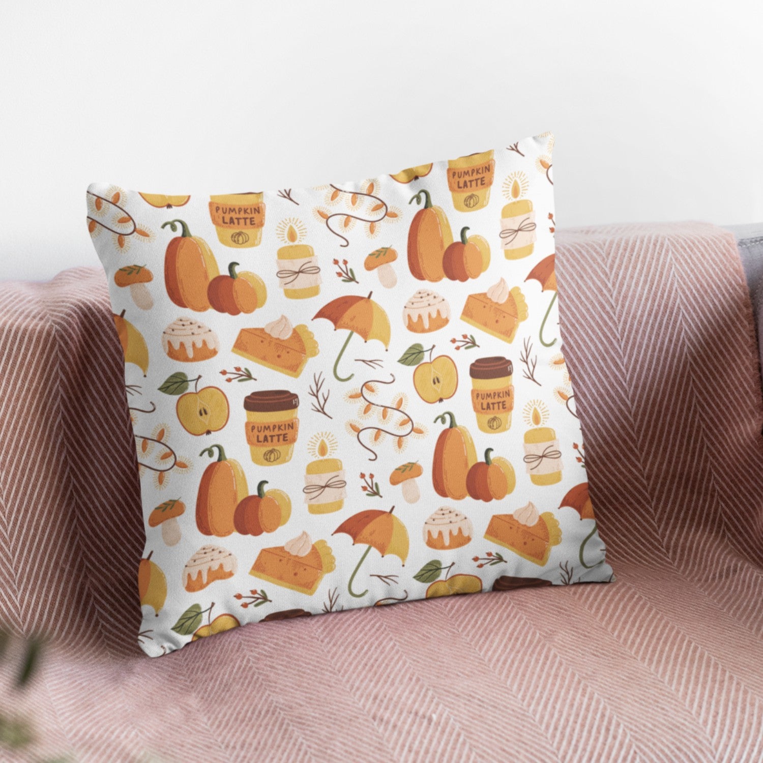 Pumpkin Coffee Pattern Throw Pillow featuring vibrant autumn colors and cozy design, perfect for kitchen decor.
