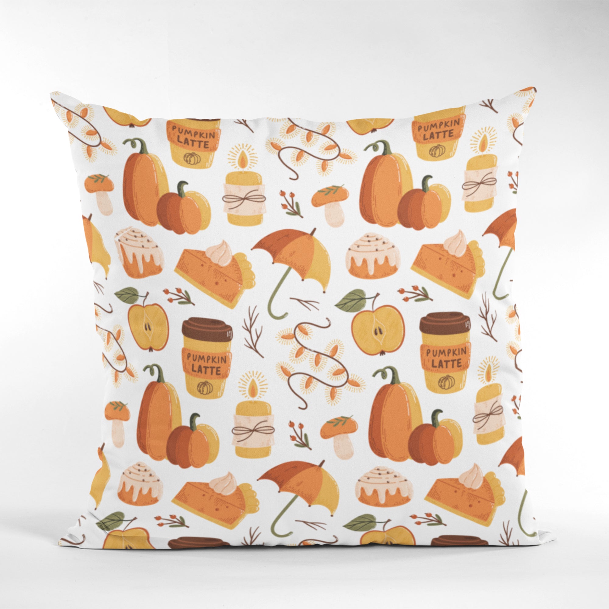 Pumpkin Coffee Pattern Throw Pillow featuring vibrant autumn colors and cozy design, perfect for kitchen decor.