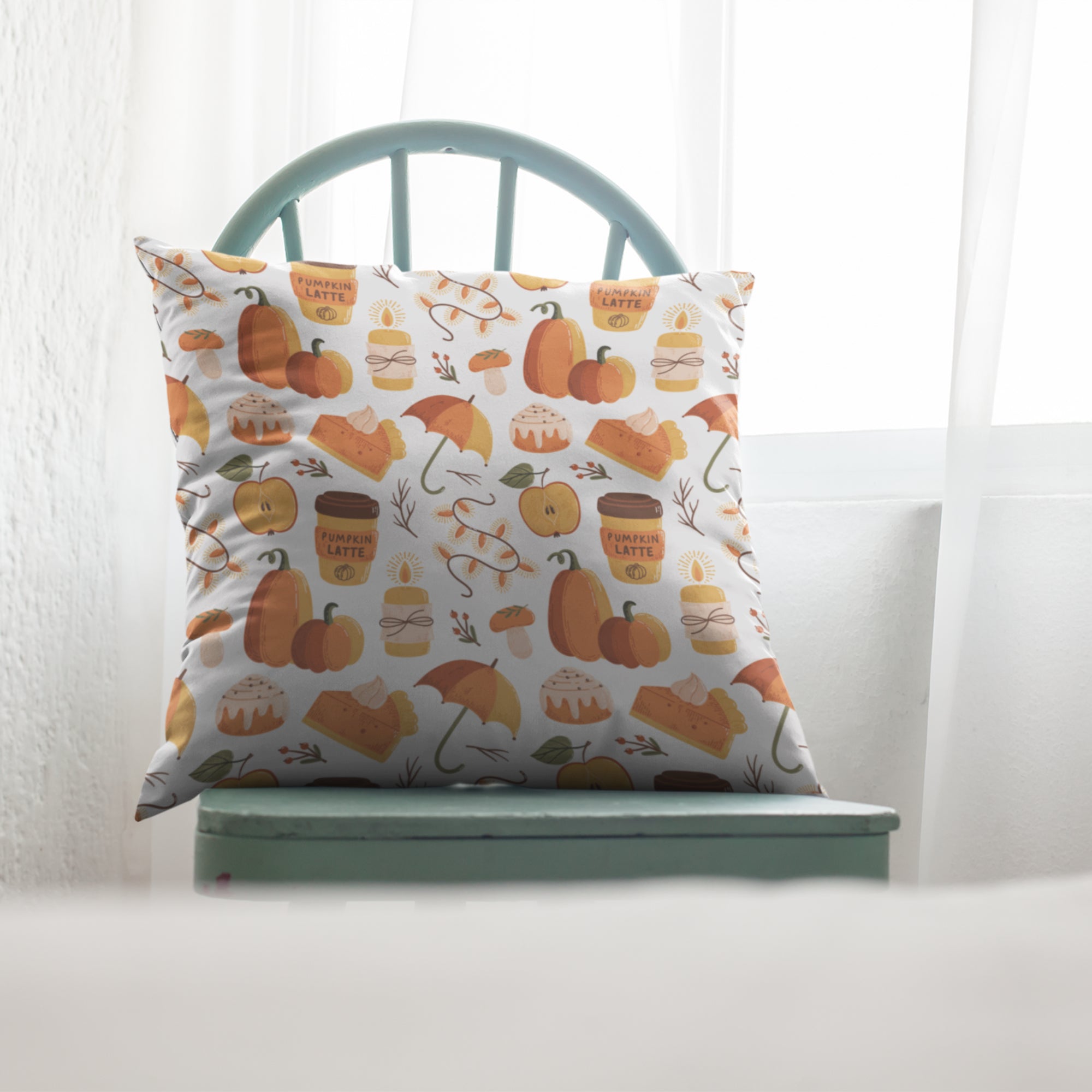 Pumpkin Coffee Pattern Throw Pillow featuring vibrant autumn colors and cozy design, perfect for kitchen decor.