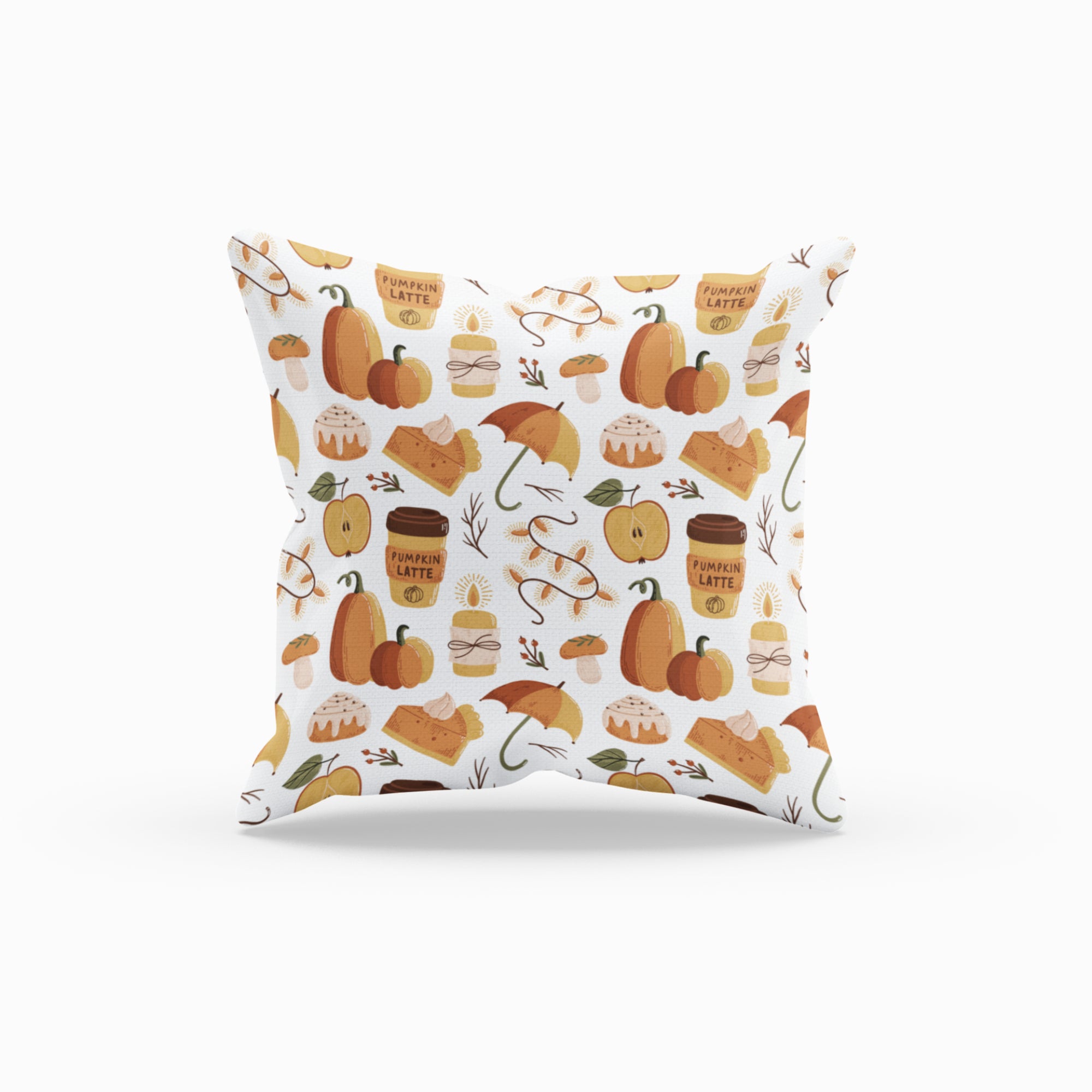 Pumpkin Coffee Pattern Throw Pillow featuring vibrant autumn colors and cozy design, perfect for kitchen decor.