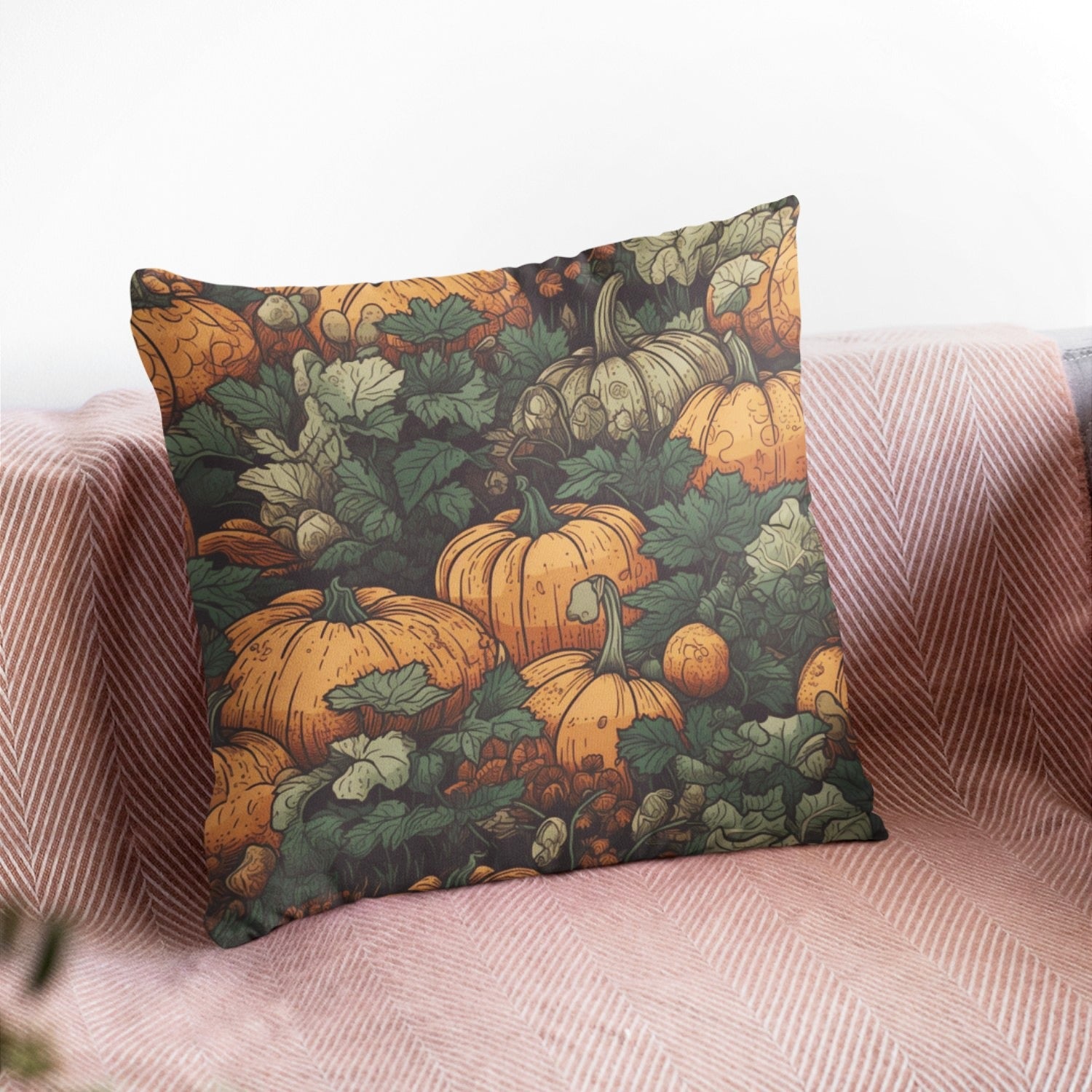 Pumpkin Farm Pattern Throw Pillow featuring vibrant autumn colors and a cozy design, perfect for fall home decor.