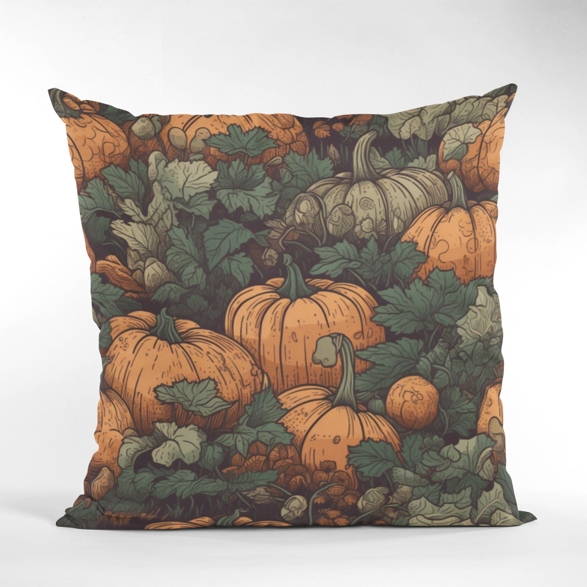 Pumpkin Farm Pattern Throw Pillow featuring vibrant autumn colors and a cozy design, perfect for fall home decor.