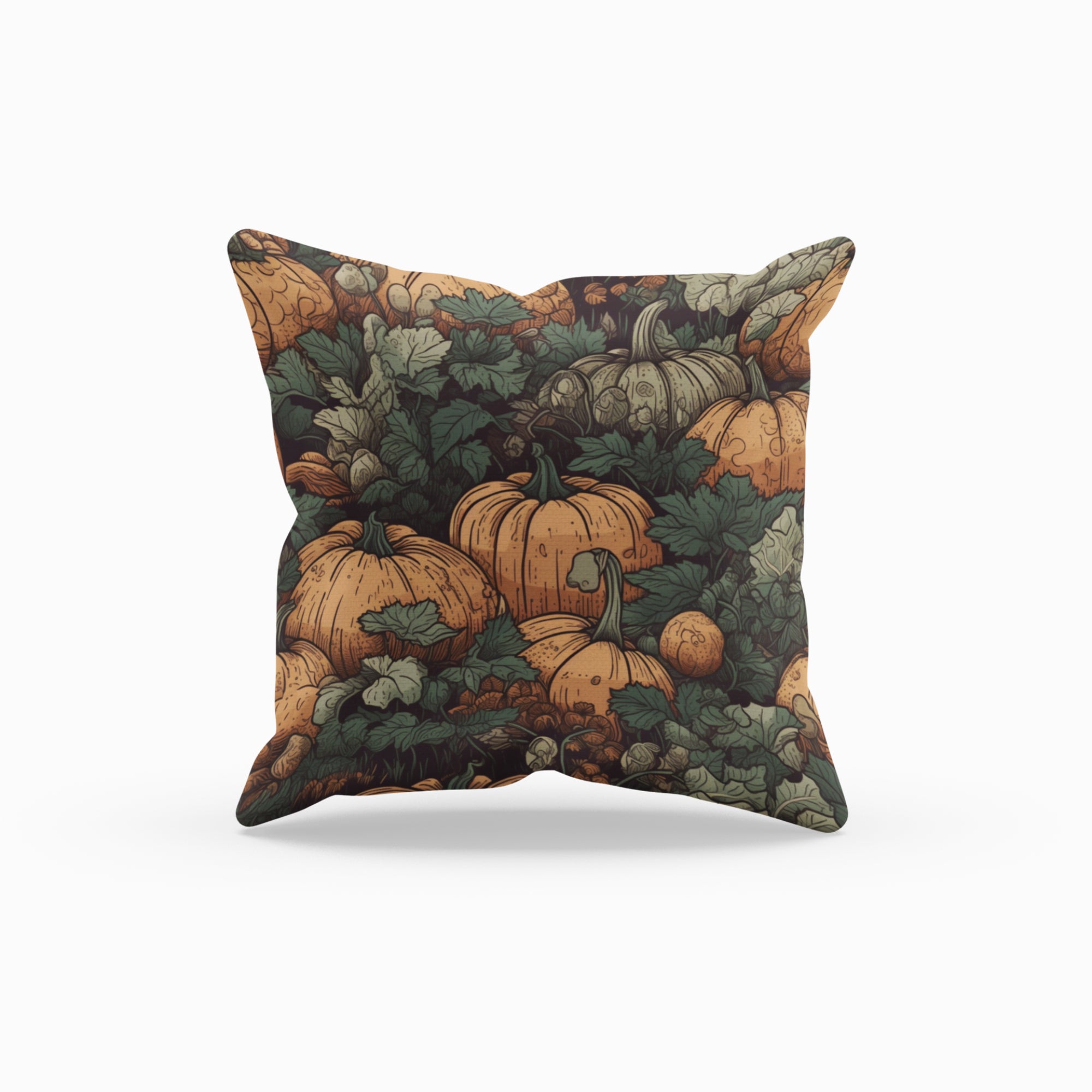 Pumpkin Farm Pattern Throw Pillow featuring vibrant autumn colors and a cozy design, perfect for fall home decor.