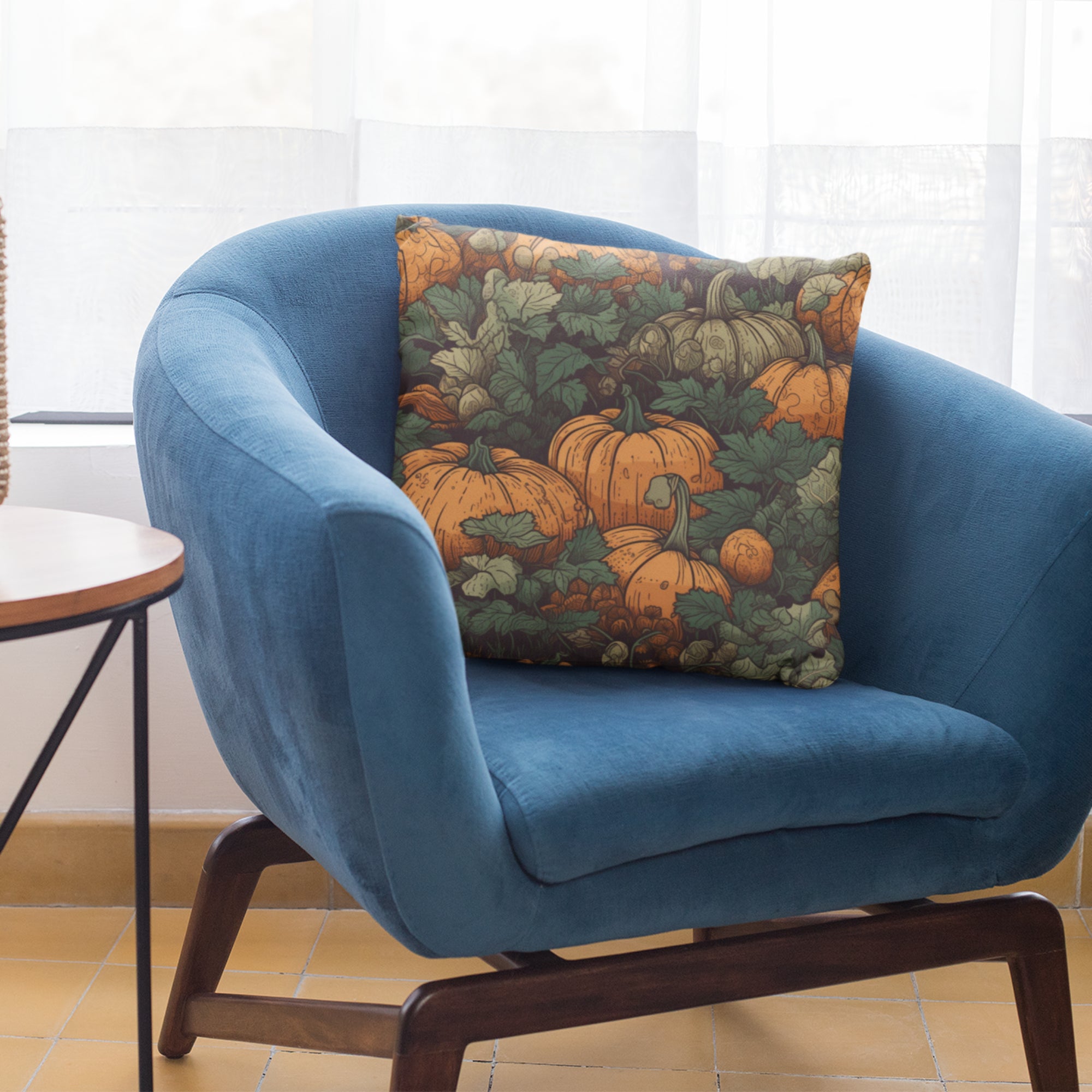 Pumpkin Farm Pattern Throw Pillow featuring vibrant autumn colors and a cozy design, perfect for fall home decor.