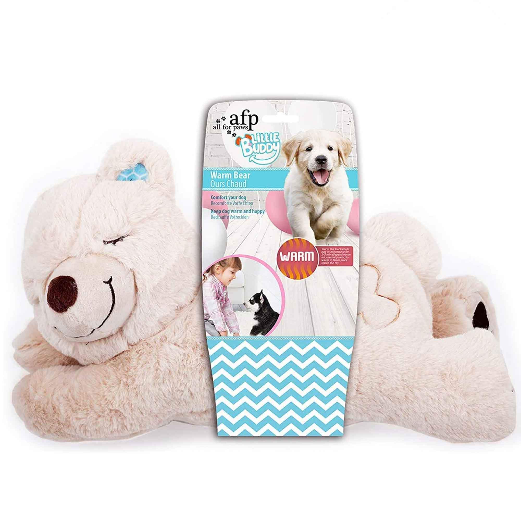 A plush beige-brown bear with a detachable heat pack in its tummy, designed to comfort puppies and ease separation anxiety.