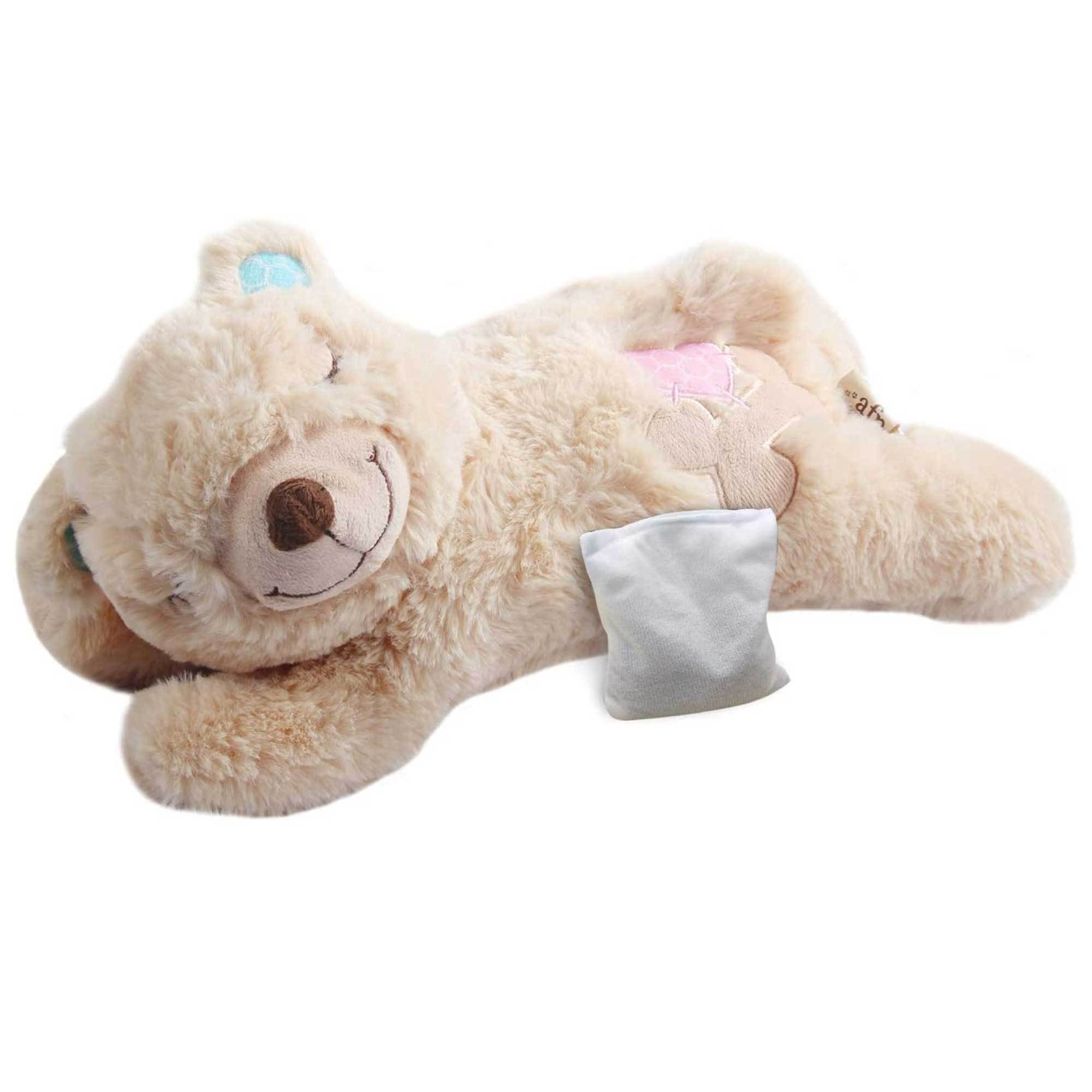 A plush beige-brown bear with a detachable heat pack in its tummy, designed to comfort puppies and ease separation anxiety.