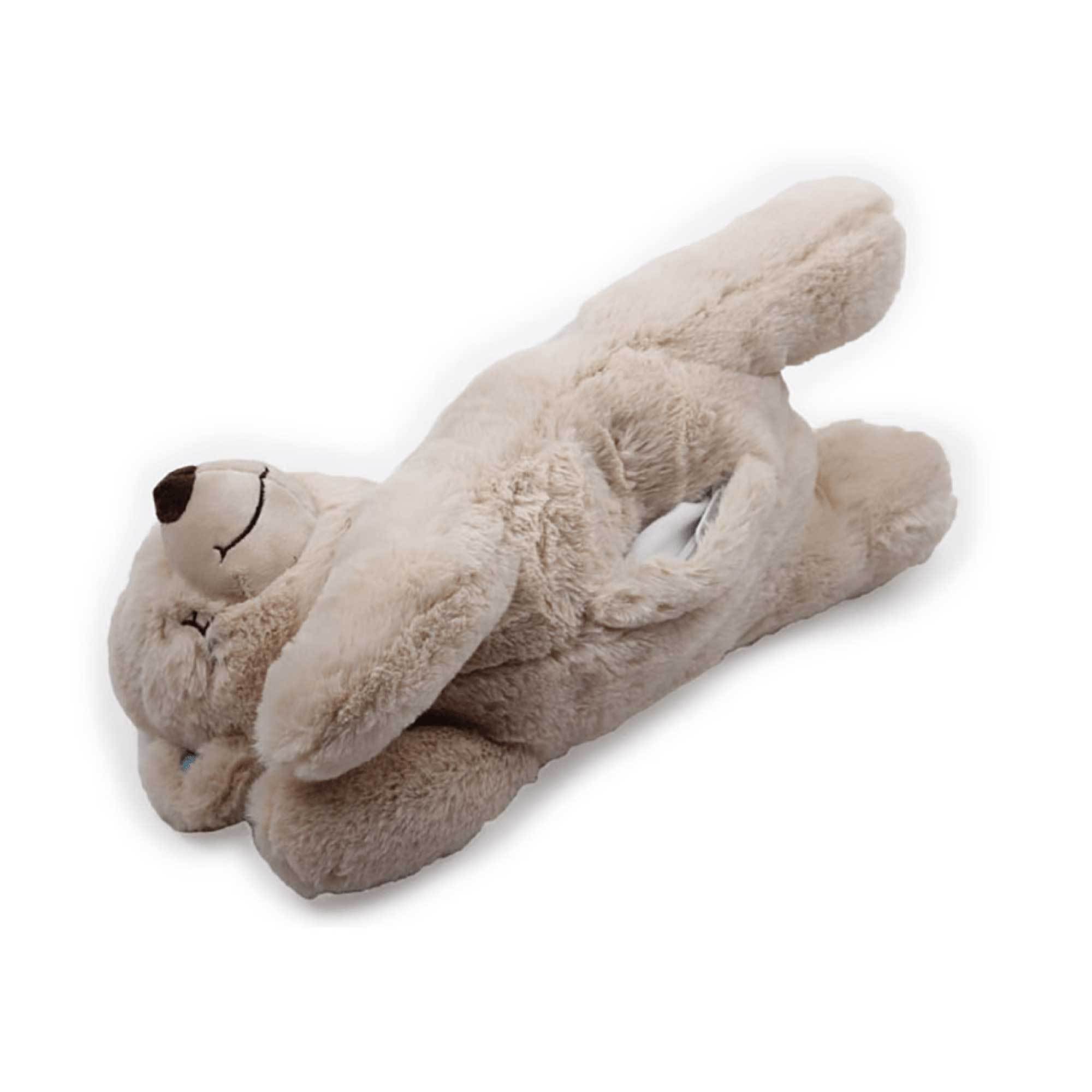 A plush beige-brown bear with a detachable heat pack in its tummy, designed to comfort puppies and ease separation anxiety.