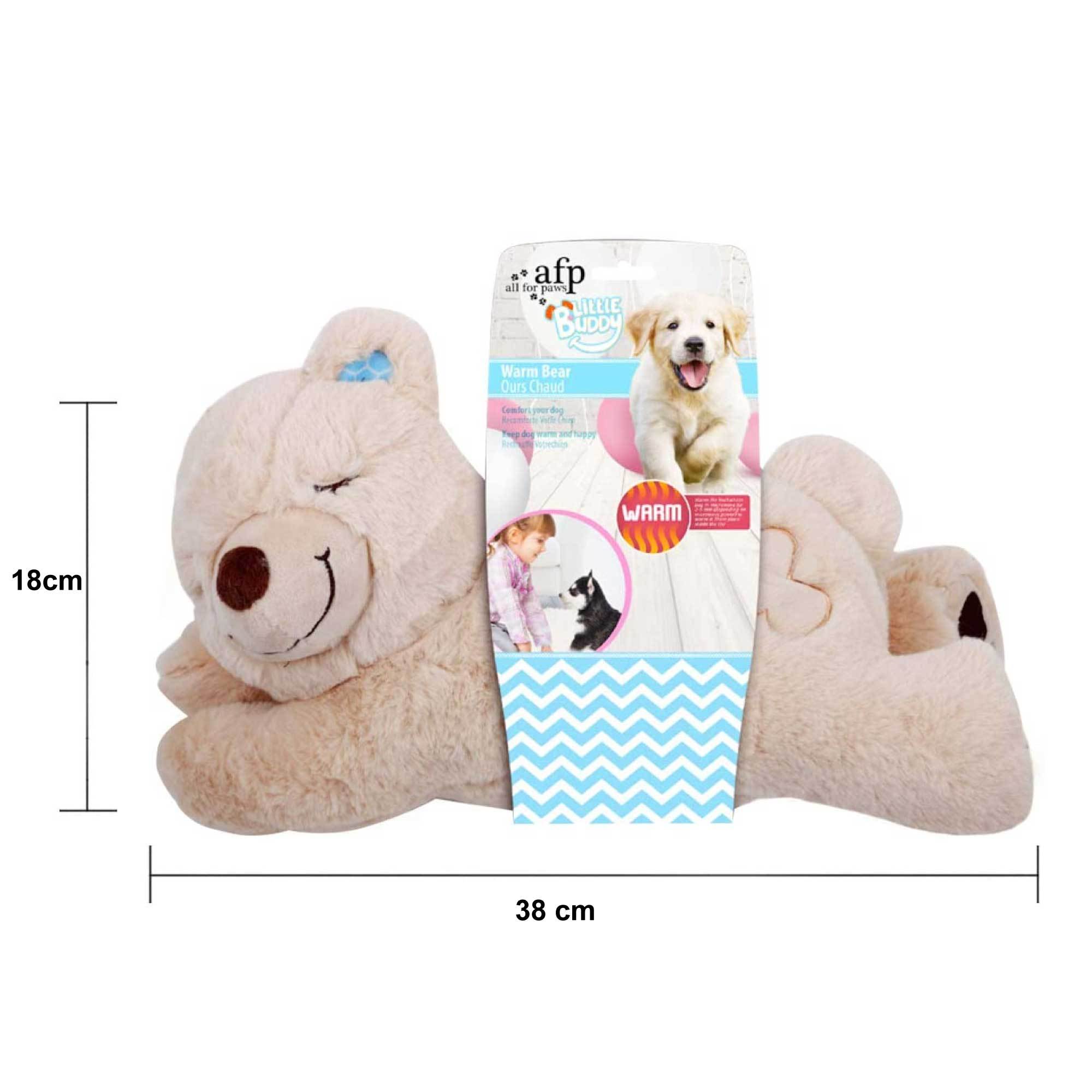 A plush beige-brown bear with a detachable heat pack in its tummy, designed to comfort puppies and ease separation anxiety.
