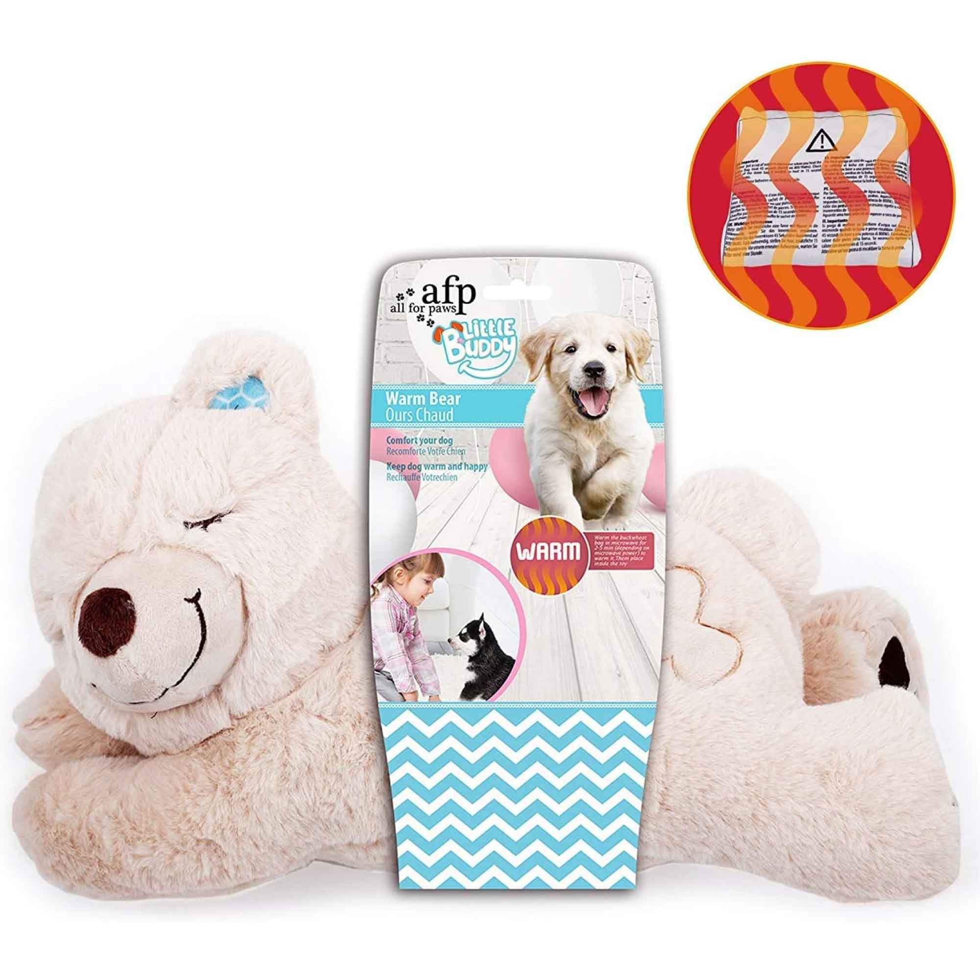 A plush beige-brown bear with a detachable heat pack in its tummy, designed to comfort puppies and ease separation anxiety.