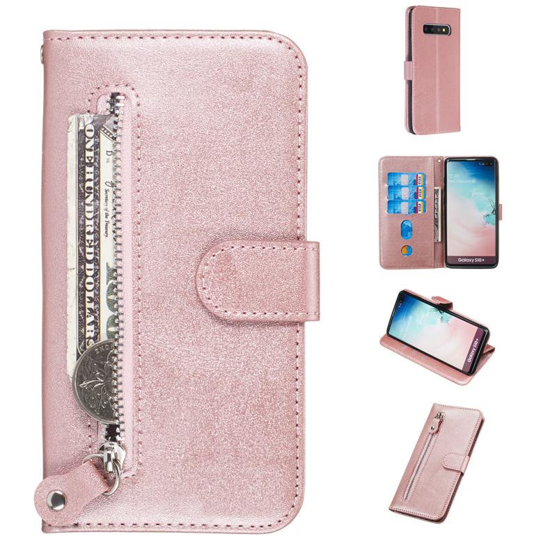 Pure zipper leather case for Samsung Galaxy S9/S9 Plus/S10/S10E/S10, showcasing its stylish design and card slots.