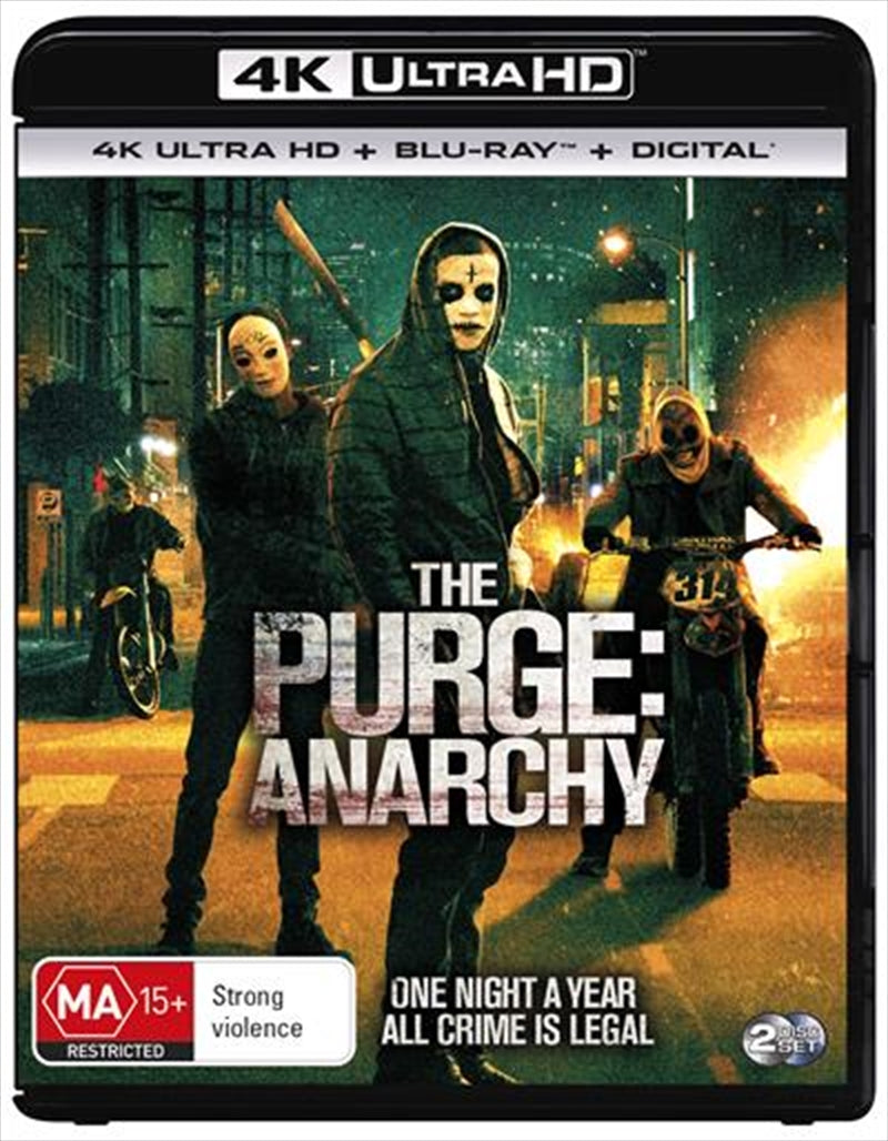 Cover art of 'Purge - Anarchy' Blu-ray + UHD featuring intense imagery of masked attackers and a dark urban landscape.