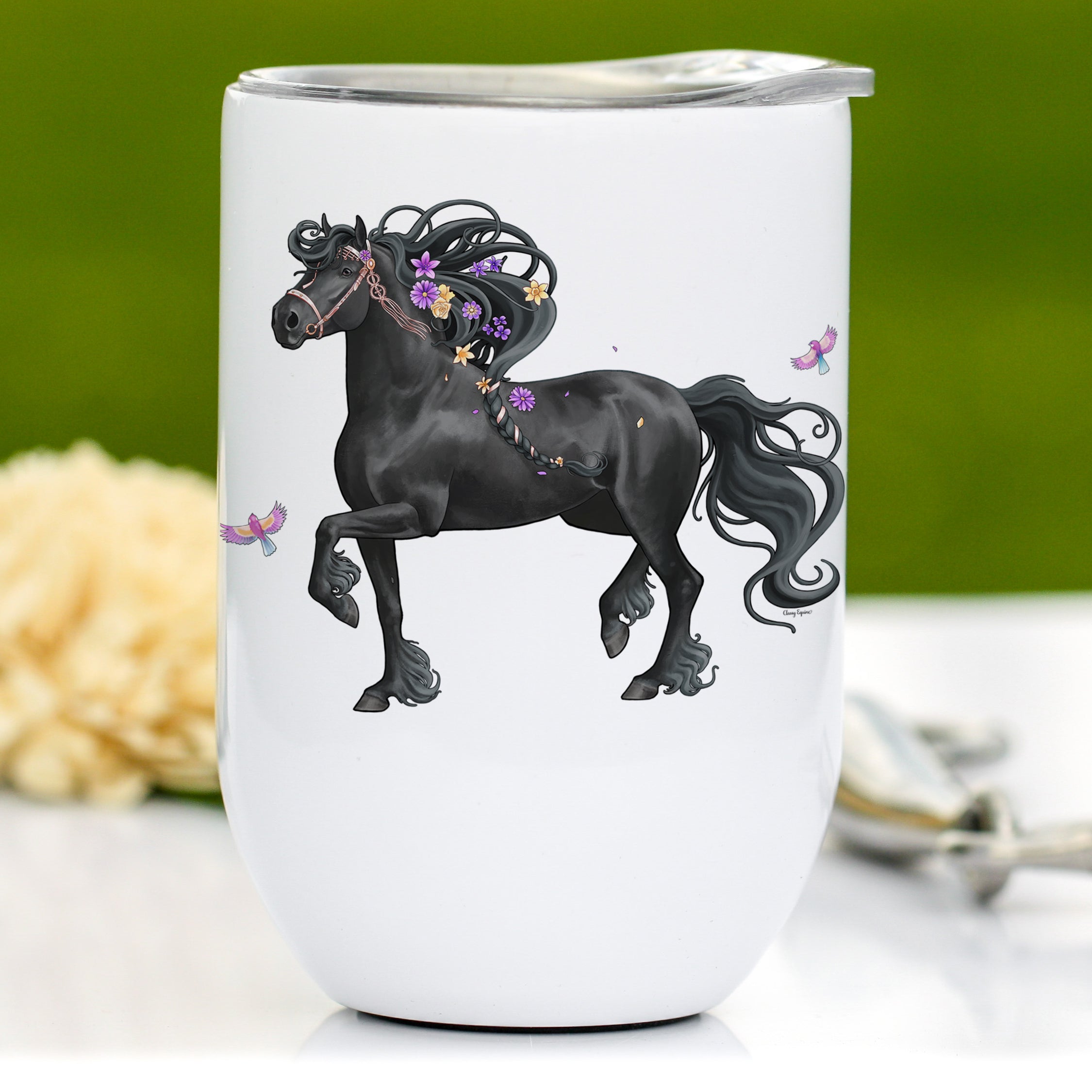 Purple Floral Friesian Horse Wine Tumbler with floral design on stainless steel.