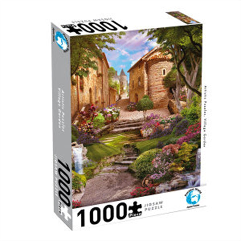Puzzlers World 1000 Piece Jigsaw featuring a vibrant village garden scene with charming homes and fountains.