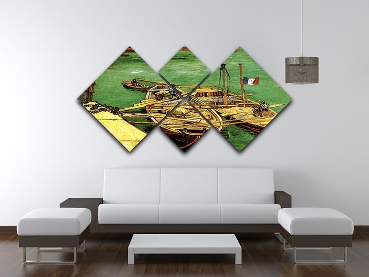 A 4-square multi-panel artwork featuring Van Gogh's Quay with Men Unloading Sand Barges, showcasing vibrant colors and dynamic composition.