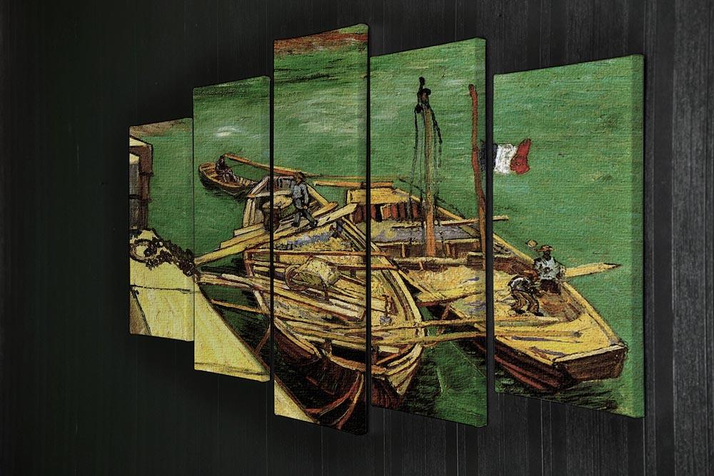 5 split panel canvas artwork of Van Gogh's Quay with Men Unloading Sand Barges, showcasing vibrant colors and dynamic composition.