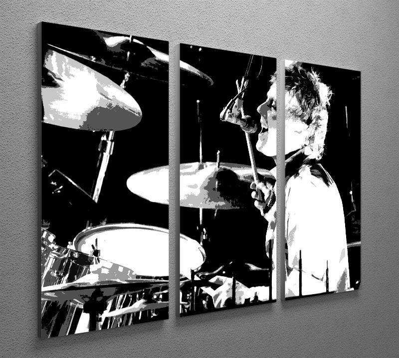 Three-panel canvas print featuring pop art of Queen drummer Roger Taylor, showcasing vibrant colors and dynamic design.