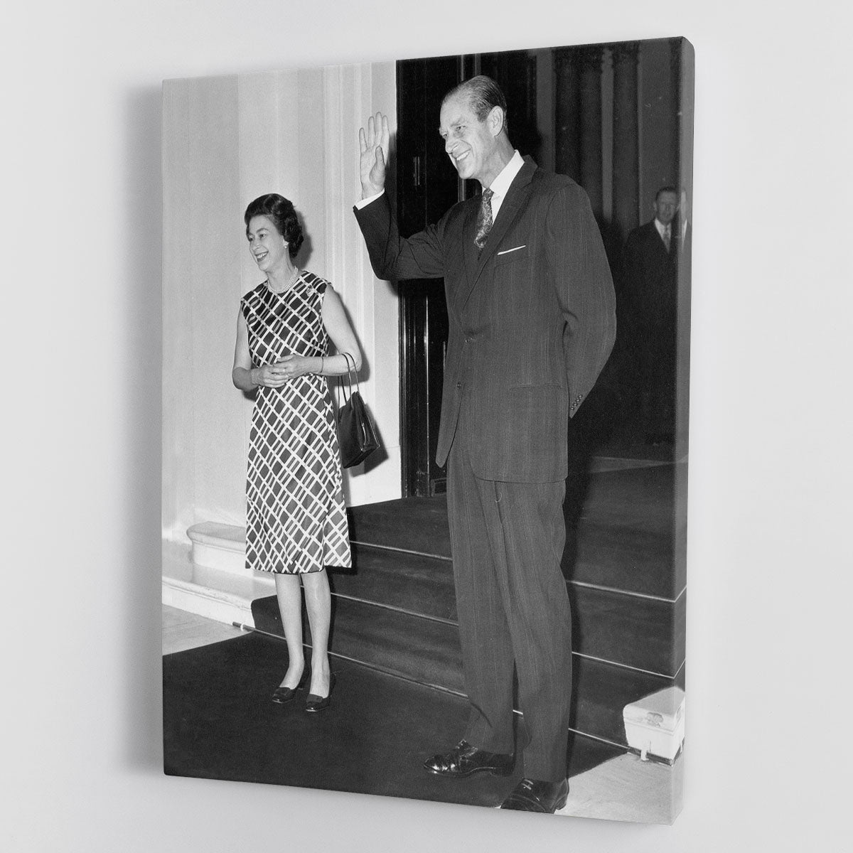Canvas print featuring Queen Elizabeth II and Prince Philip hosting a state visit, showcasing royal elegance and historical significance.